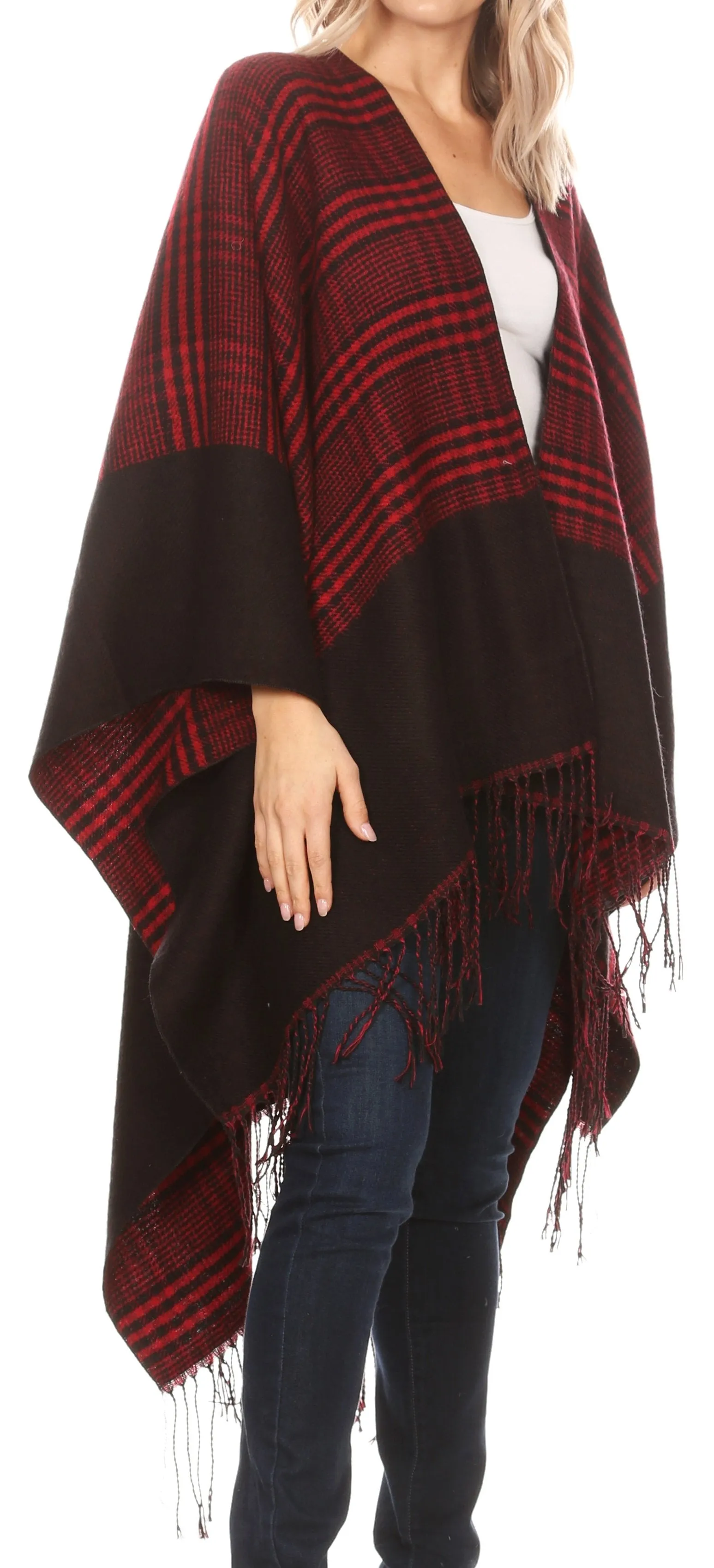 Sakkas Avi Women's Reversible Open Front Poncho Cardigan Ruana Cape Shawl W/Fringe