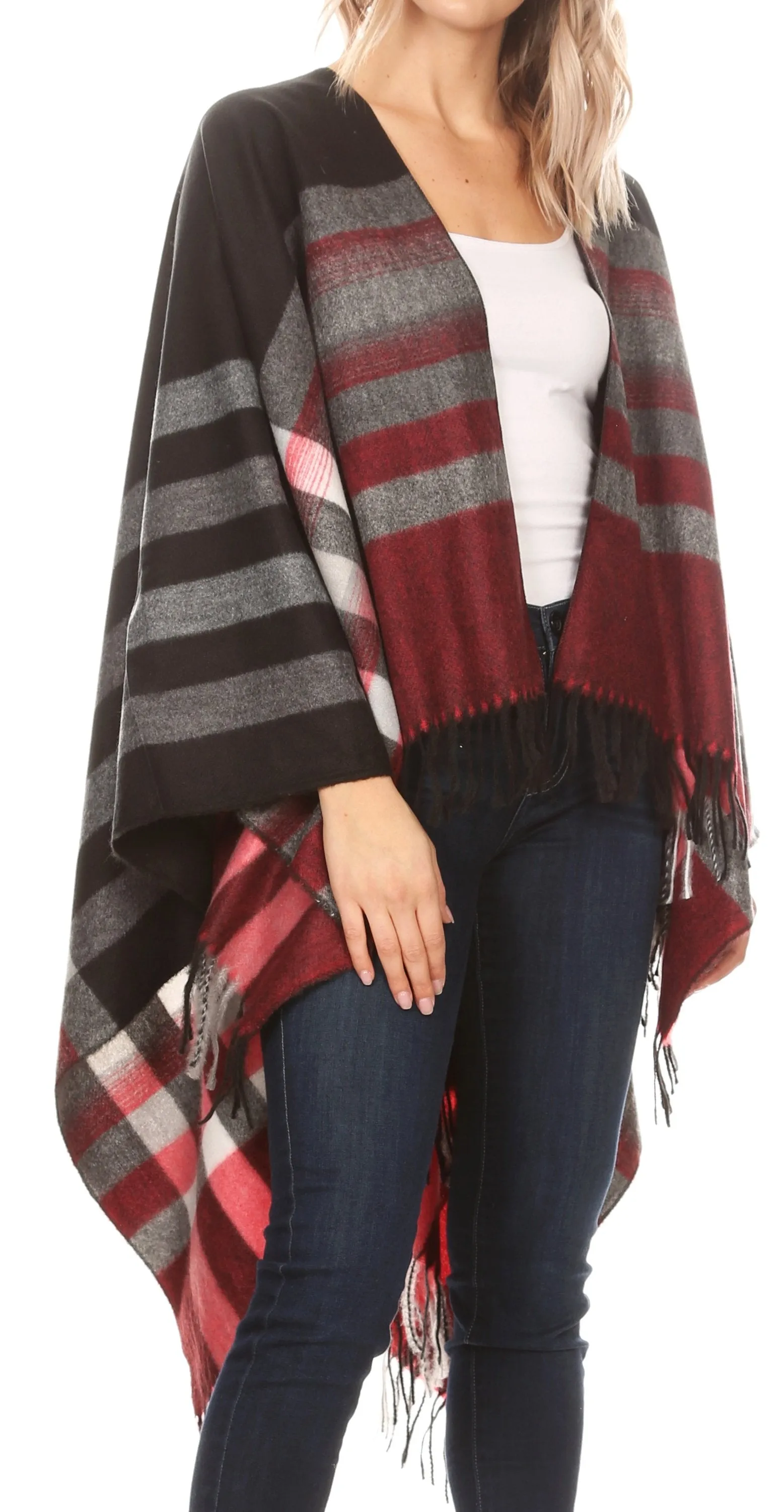 Sakkas Avi Women's Reversible Open Front Poncho Cardigan Ruana Cape Shawl W/Fringe