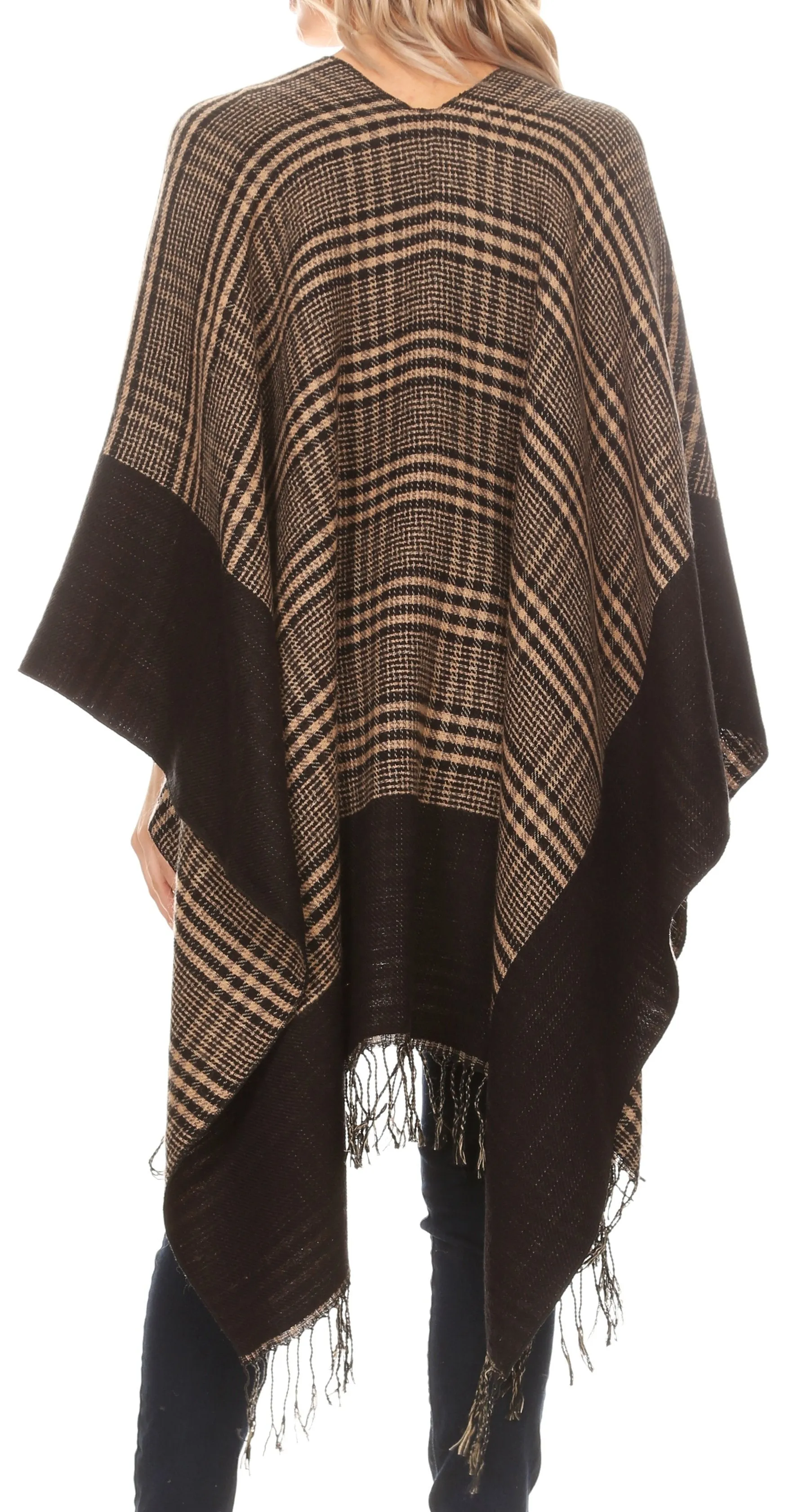 Sakkas Avi Women's Reversible Open Front Poncho Cardigan Ruana Cape Shawl W/Fringe