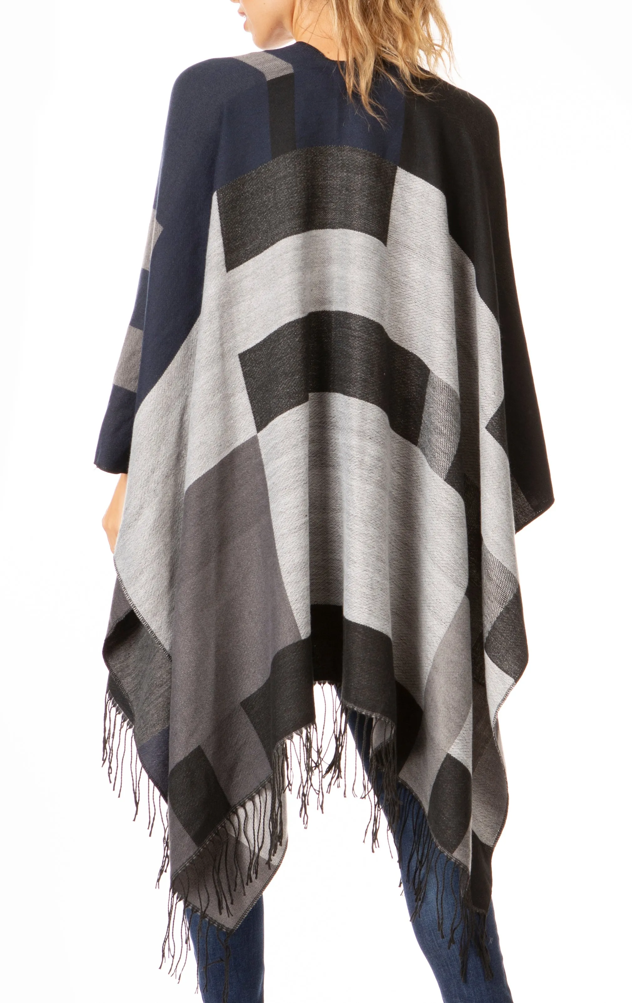 Sakkas Avi Women's Reversible Open Front Poncho Cardigan Ruana Cape Shawl W/Fringe