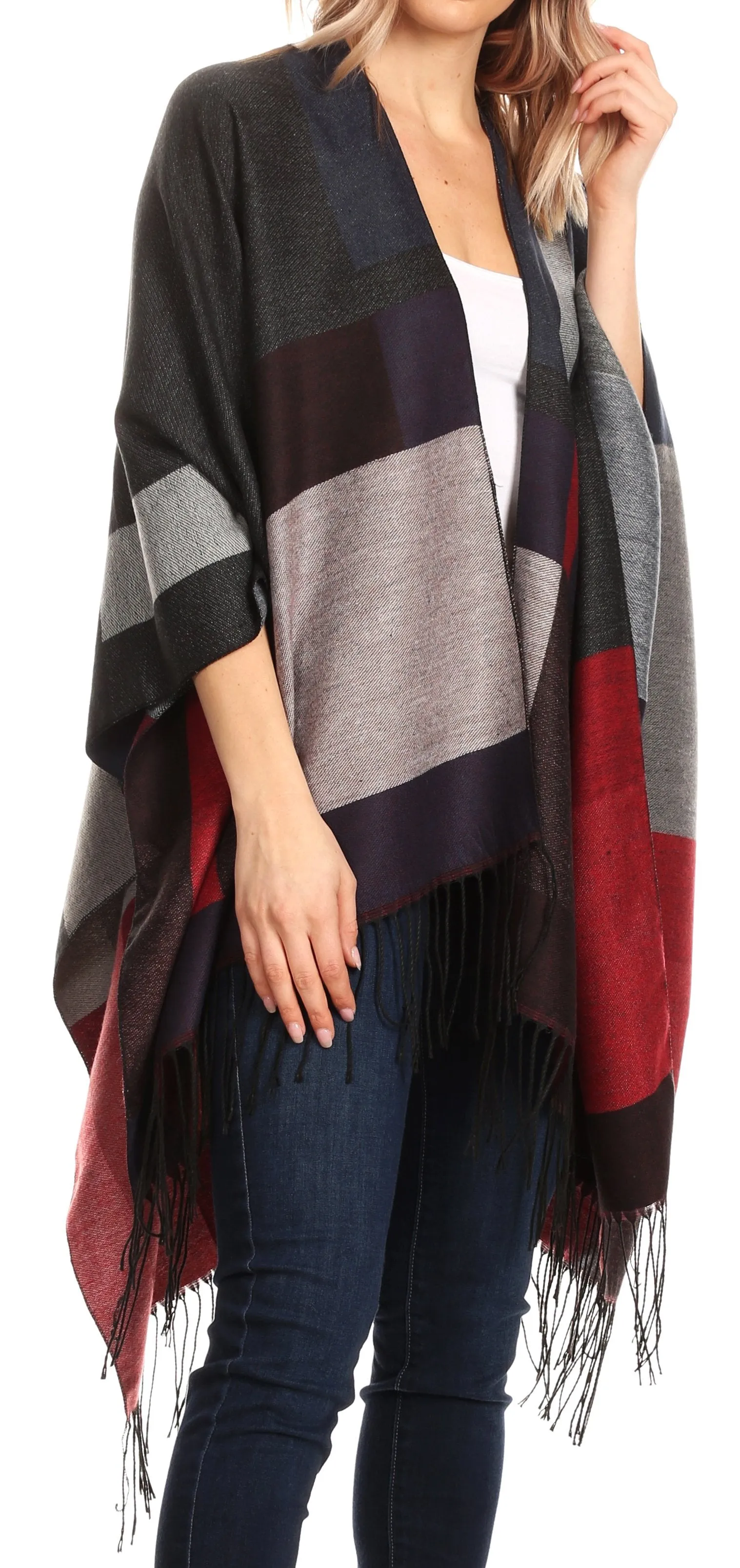 Sakkas Avi Women's Reversible Open Front Poncho Cardigan Ruana Cape Shawl W/Fringe