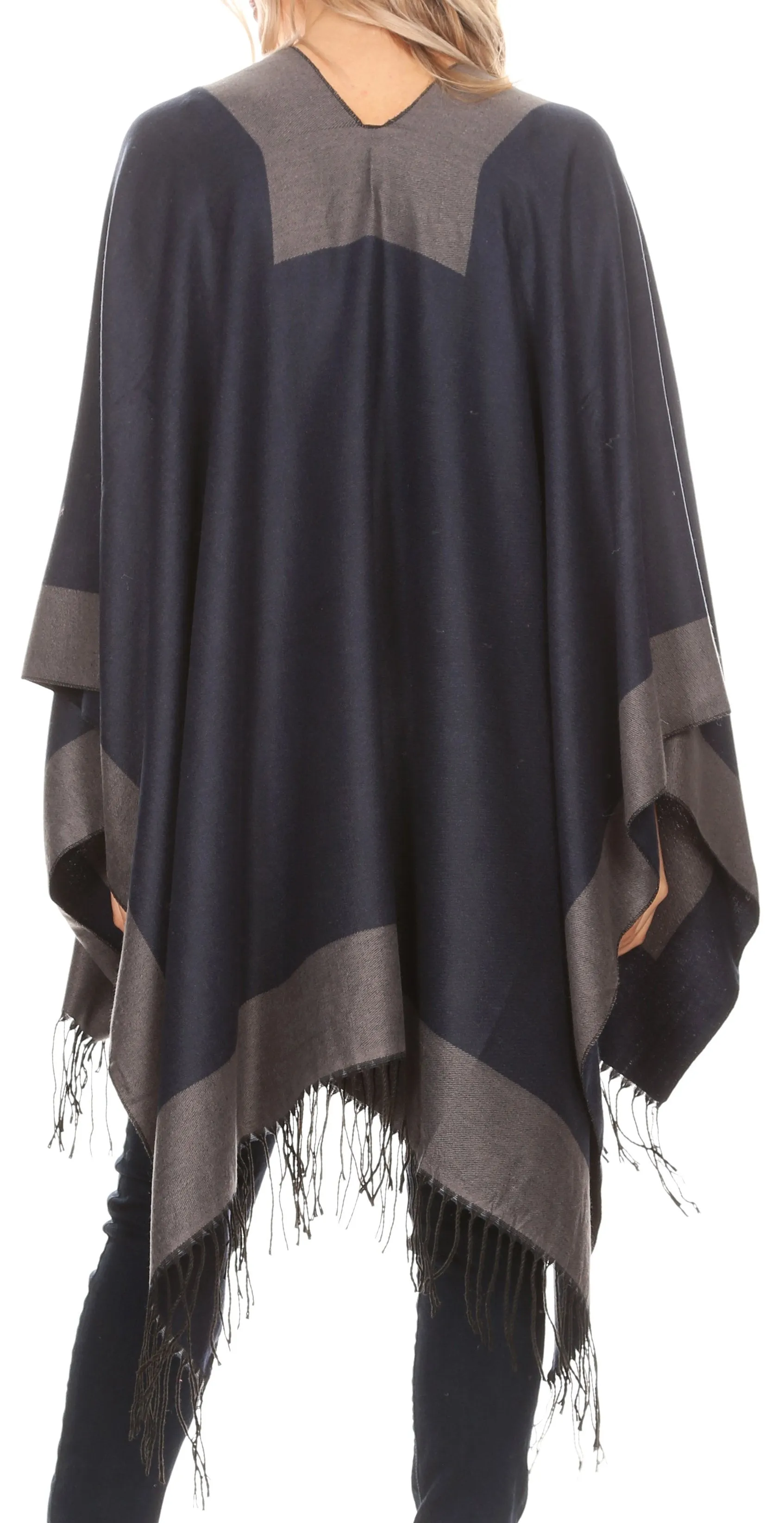 Sakkas Avi Women's Reversible Open Front Poncho Cardigan Ruana Cape Shawl W/Fringe