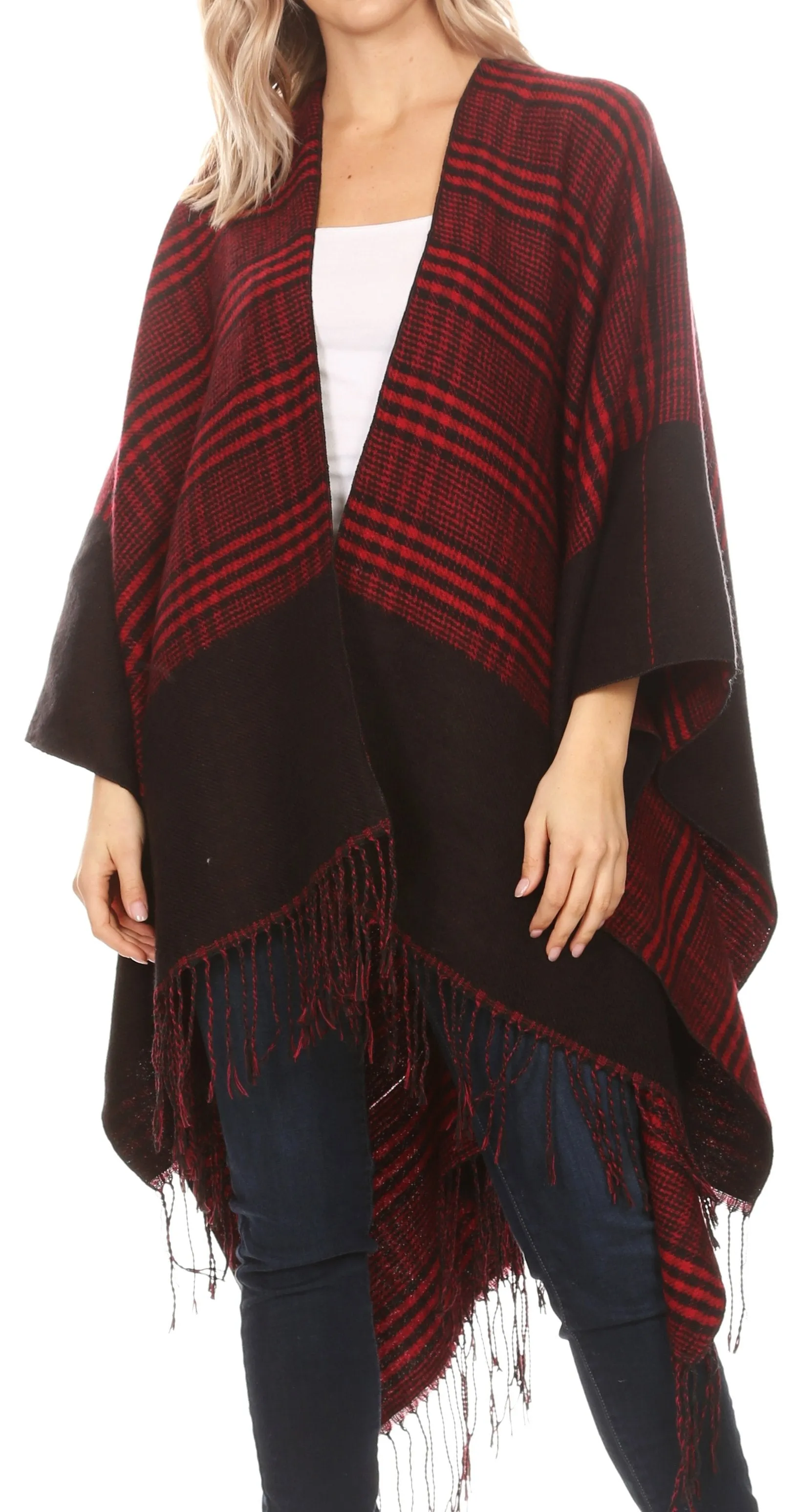 Sakkas Avi Women's Reversible Open Front Poncho Cardigan Ruana Cape Shawl W/Fringe