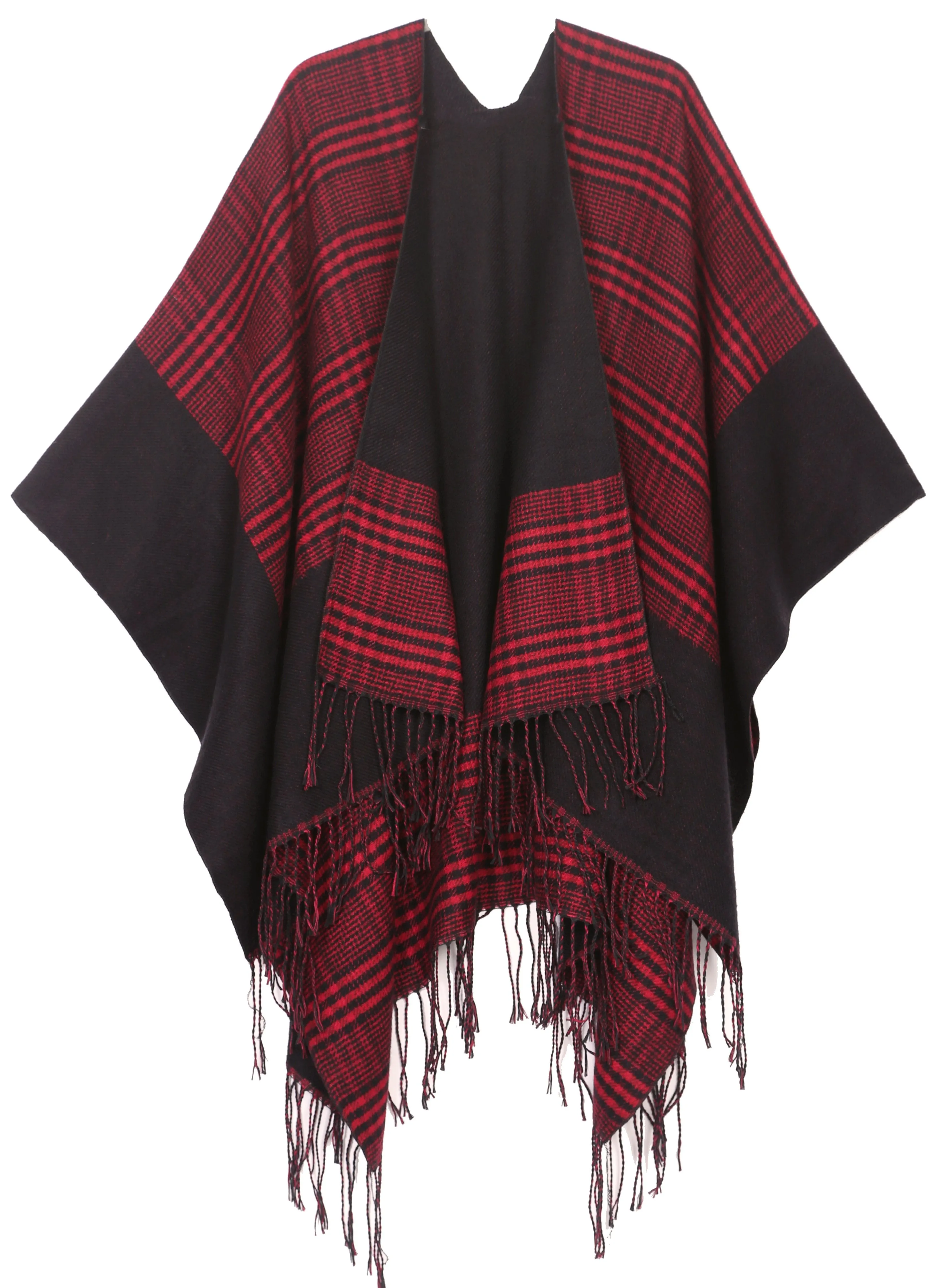 Sakkas Avi Women's Reversible Open Front Poncho Cardigan Ruana Cape Shawl W/Fringe