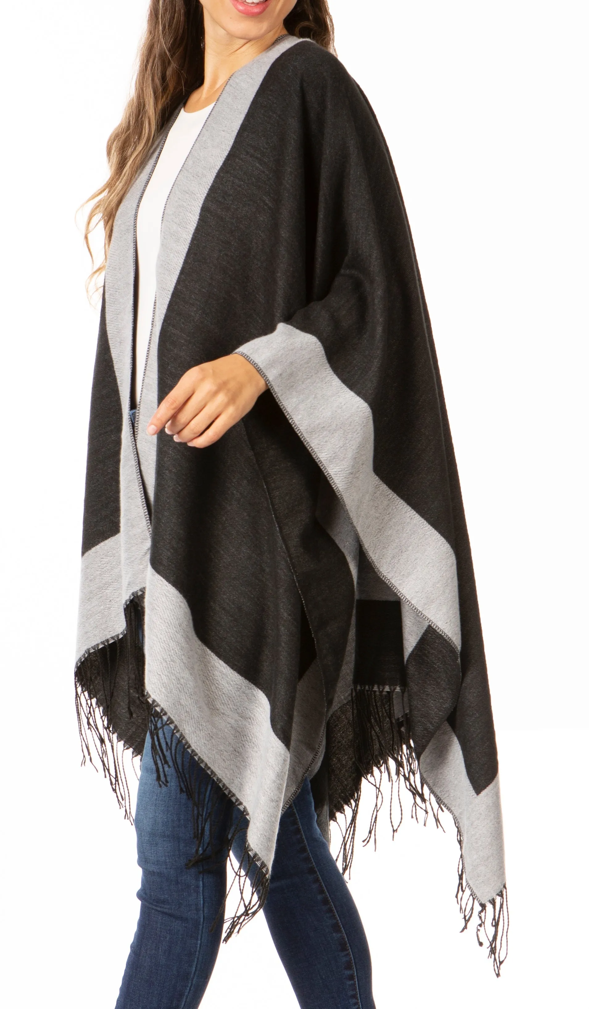 Sakkas Avi Women's Reversible Open Front Poncho Cardigan Ruana Cape Shawl W/Fringe