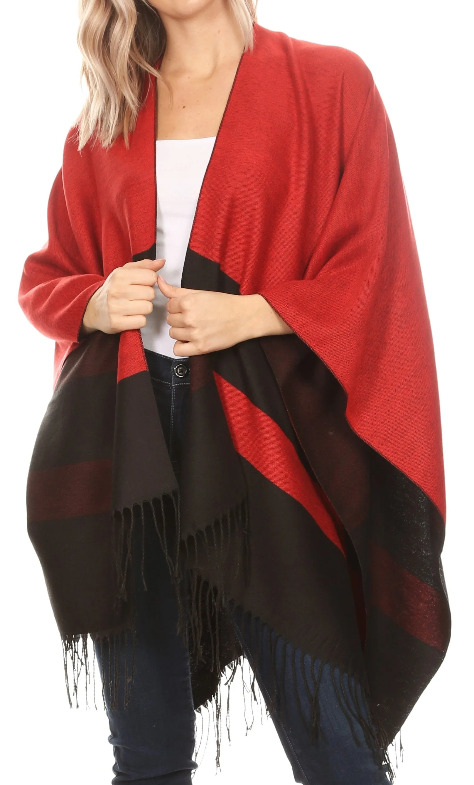 Sakkas Avi Women's Reversible Open Front Poncho Cardigan Ruana Cape Shawl W/Fringe