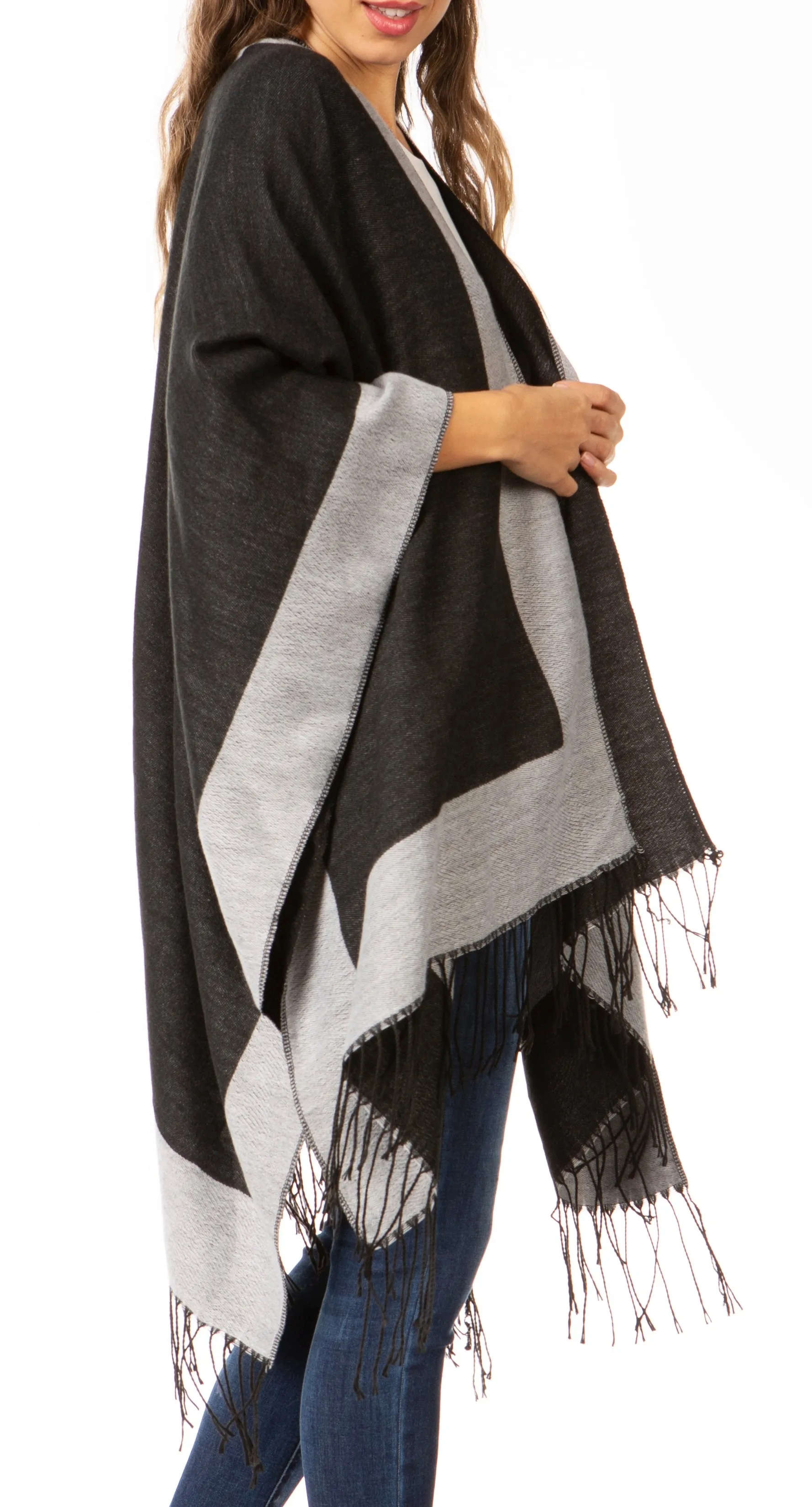 Sakkas Avi Women's Reversible Open Front Poncho Cardigan Ruana Cape Shawl W/Fringe