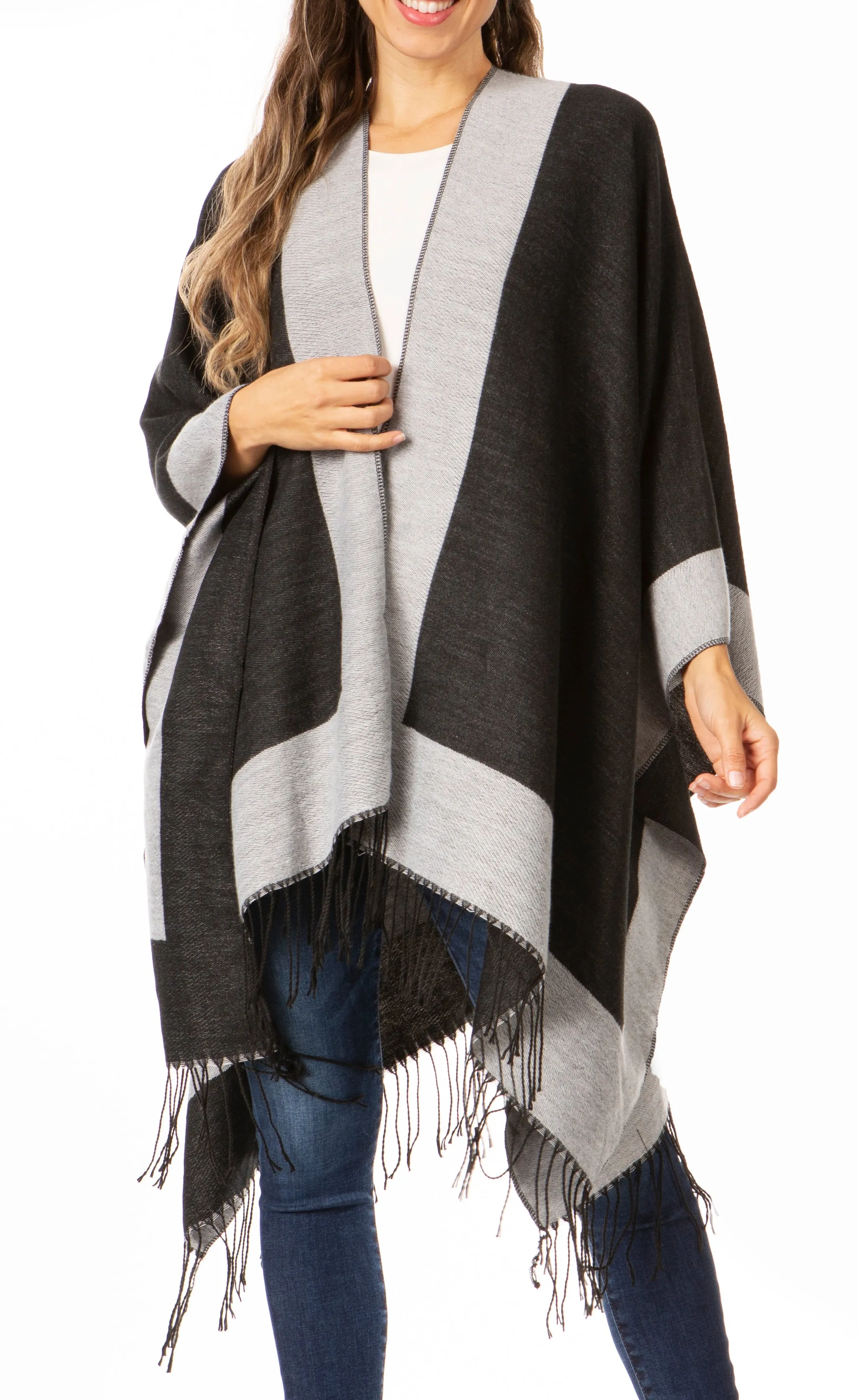 Sakkas Avi Women's Reversible Open Front Poncho Cardigan Ruana Cape Shawl W/Fringe