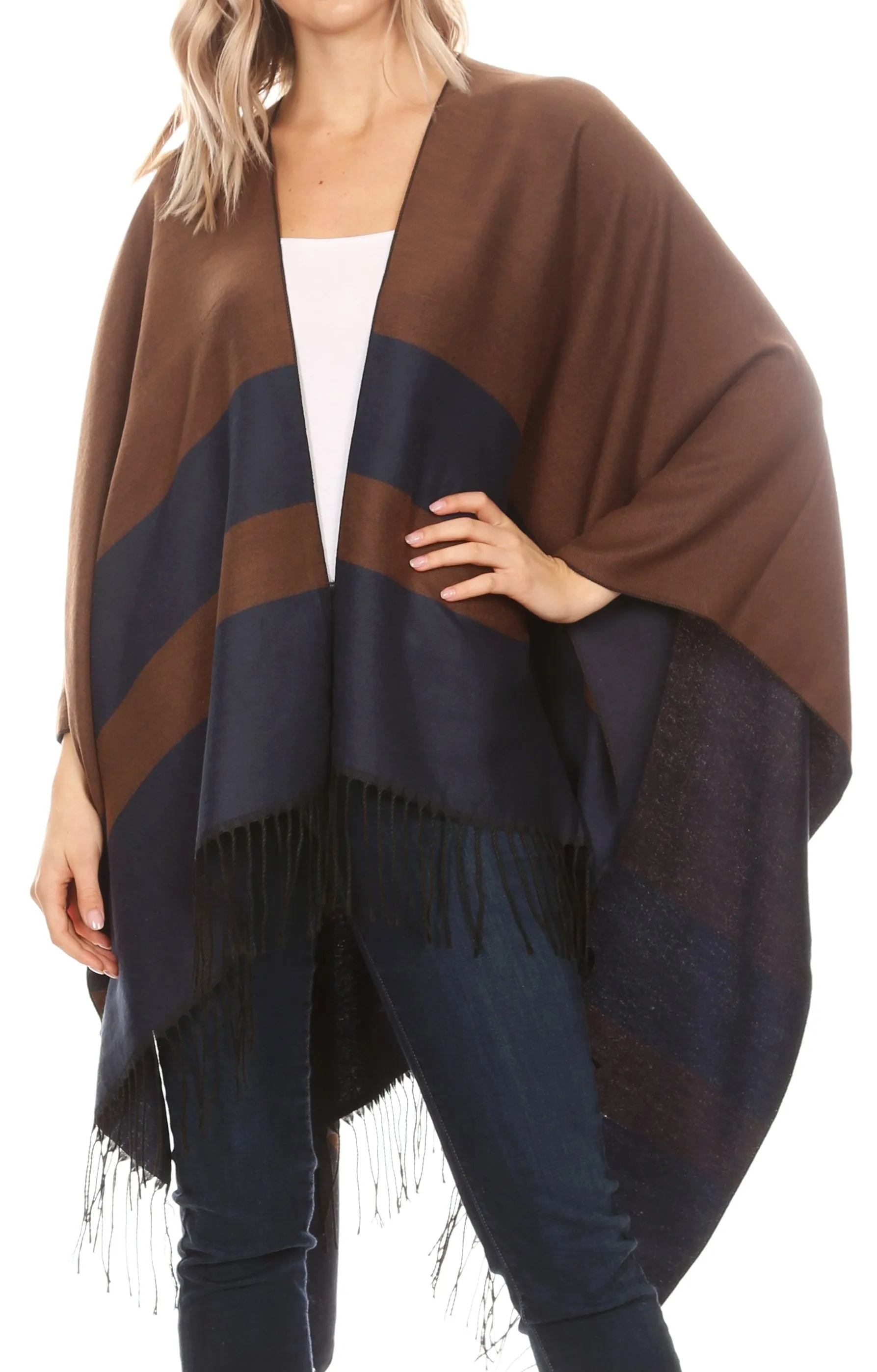 Sakkas Avi Women's Reversible Open Front Poncho Cardigan Ruana Cape Shawl W/Fringe