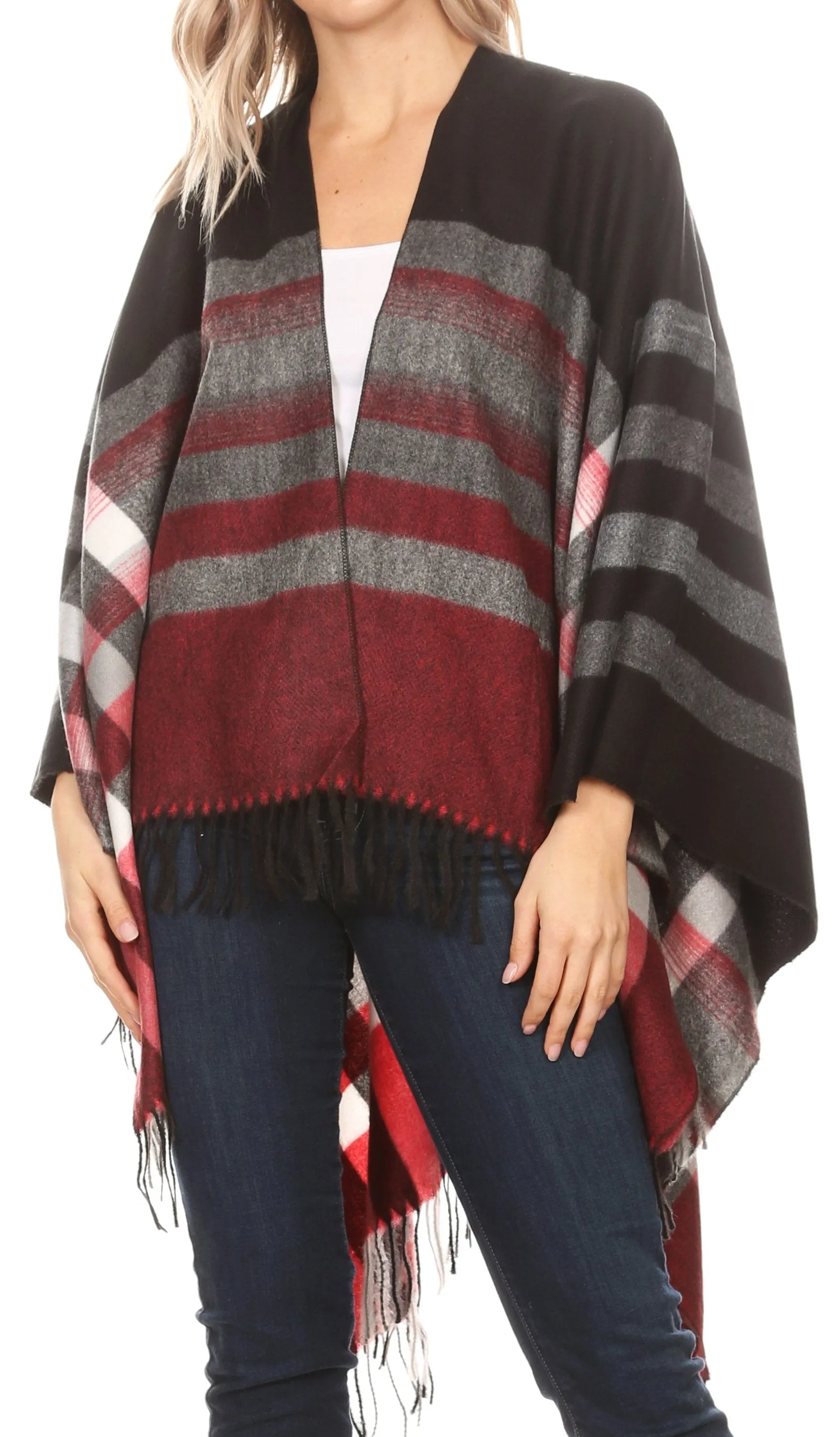 Sakkas Avi Women's Reversible Open Front Poncho Cardigan Ruana Cape Shawl W/Fringe