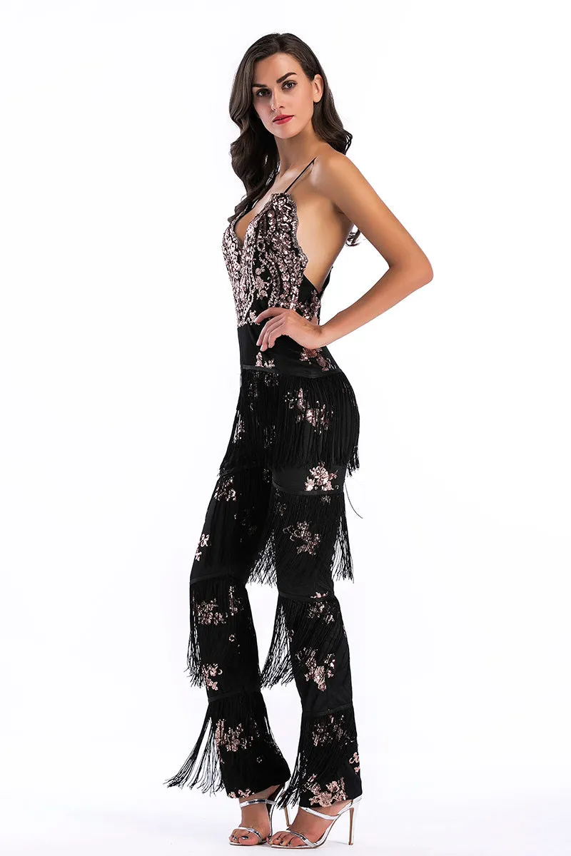 Sexy Deep V-neck Crisscross Sequined Tasseled Backless Jumpsuit