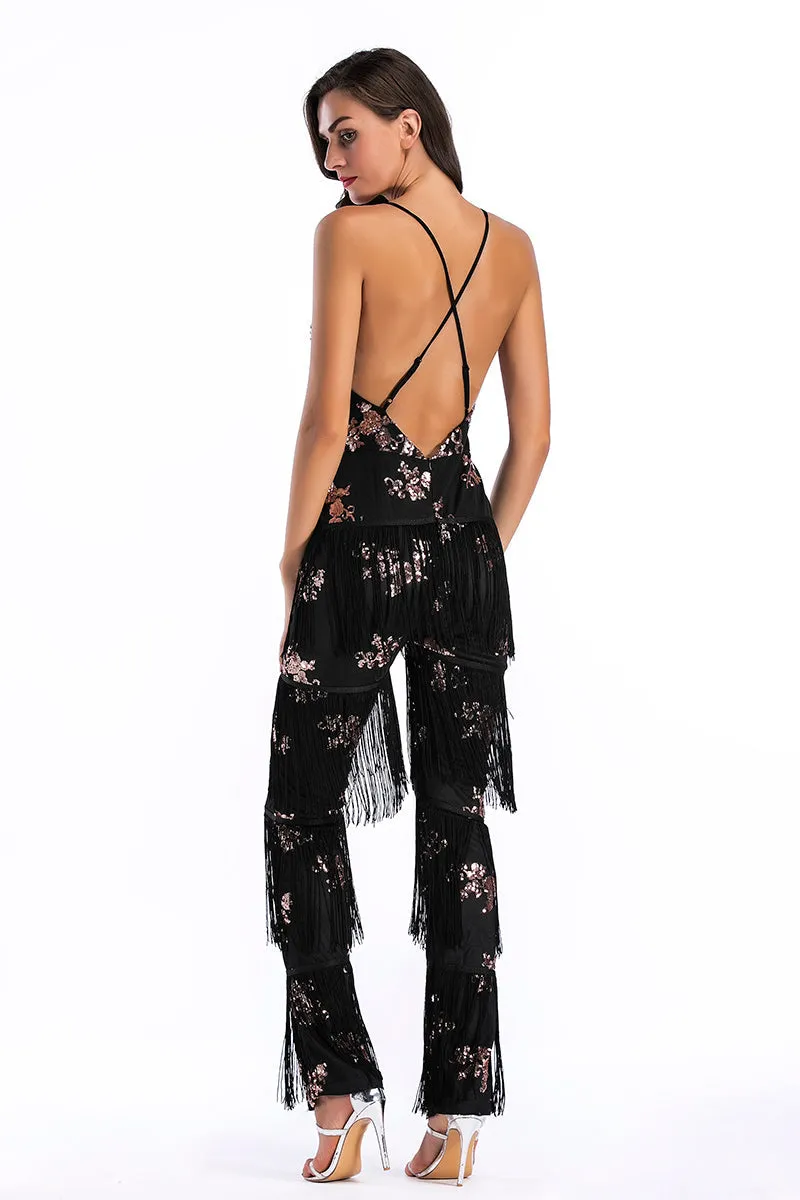 Sexy Deep V-neck Crisscross Sequined Tasseled Backless Jumpsuit