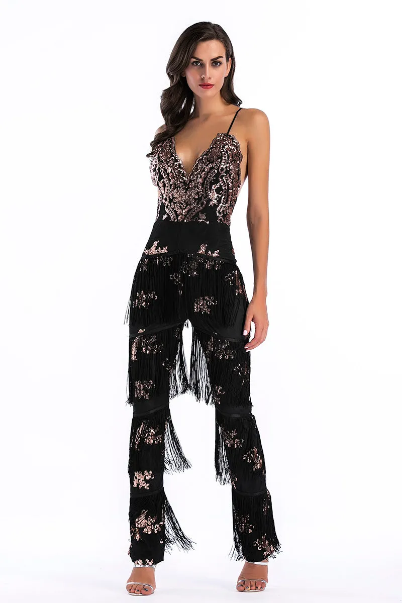 Sexy Deep V-neck Crisscross Sequined Tasseled Backless Jumpsuit