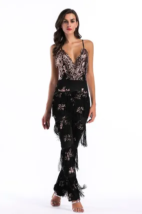 Sexy Deep V-neck Crisscross Sequined Tasseled Backless Jumpsuit