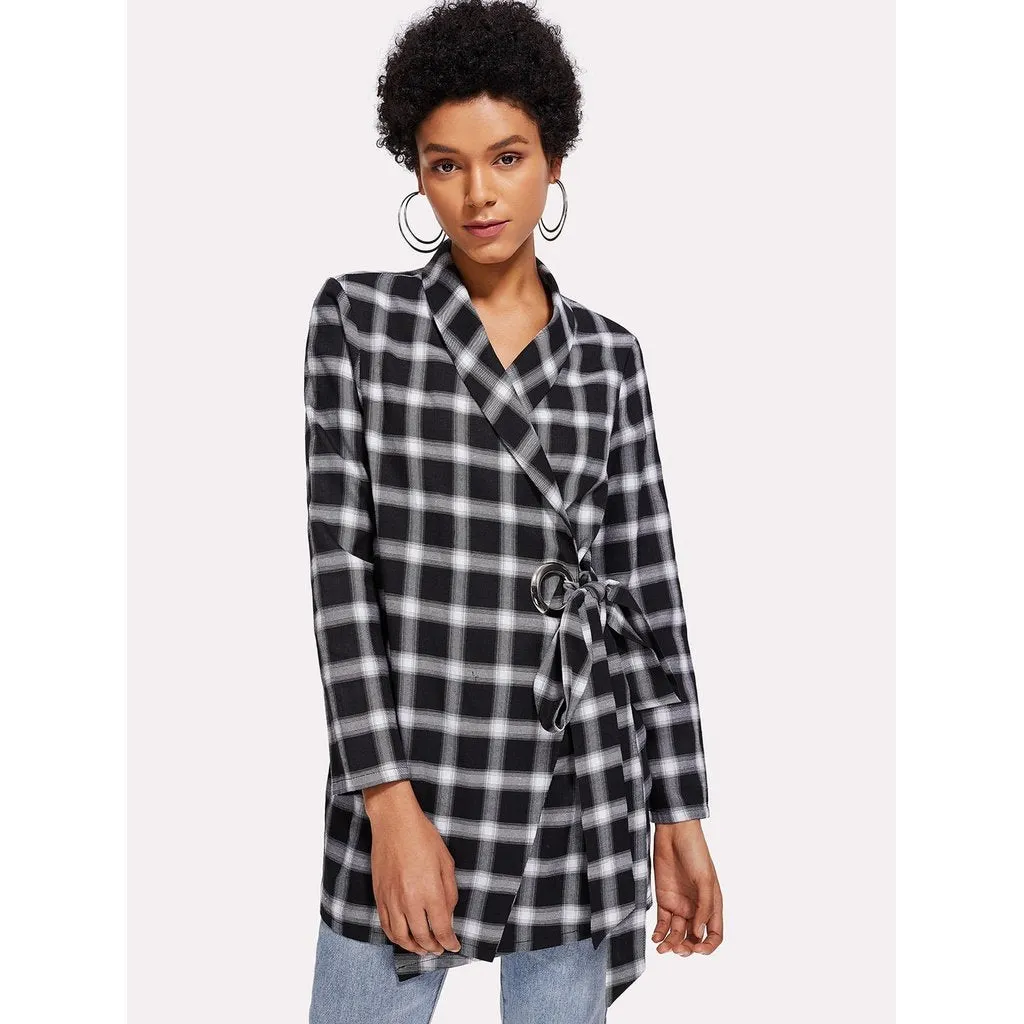 Shawl Collar Plaid Wrap Blazer