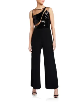 SHO Sequin Sheer Inset Sleeveless Crepe Illusion Jumpsuit, Size 2