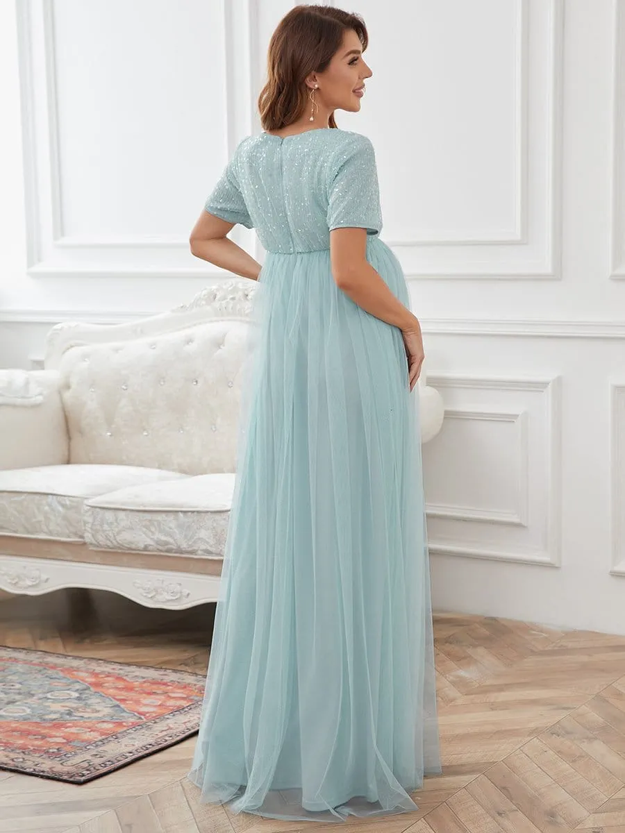 Short Sleeve Sequin Floor-Length Empire Waist Maternity Dress