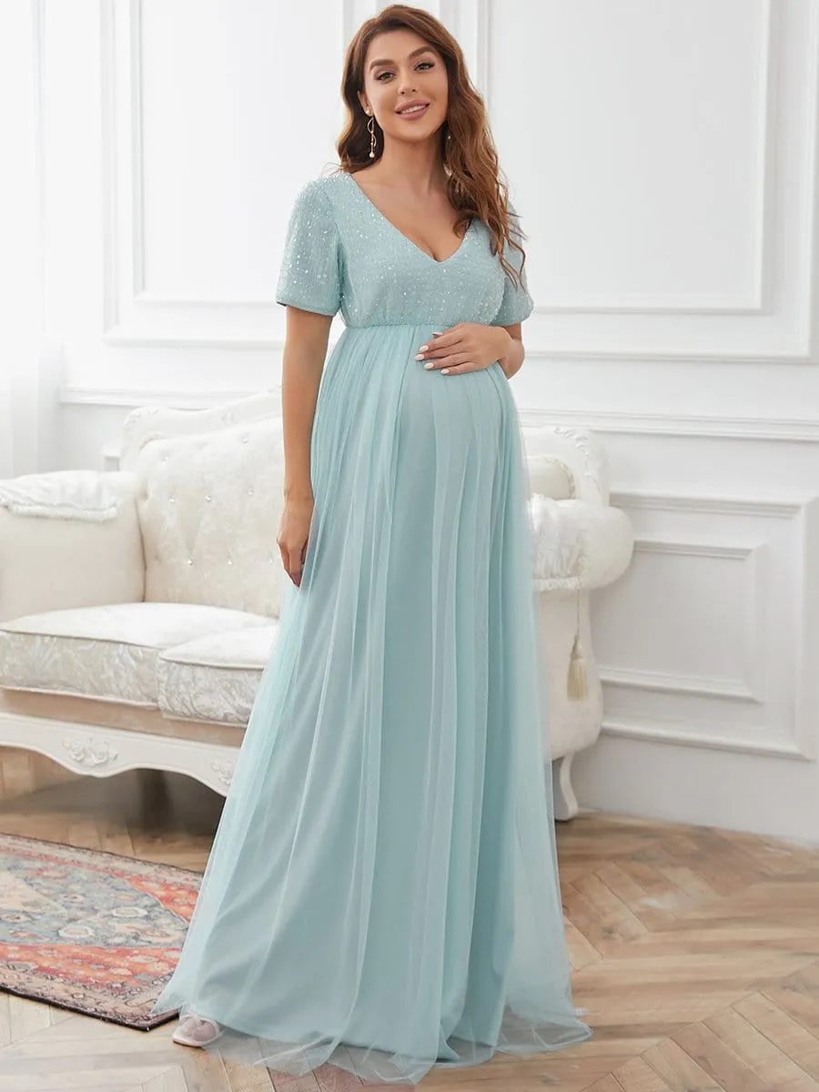 Short Sleeve Sequin Floor-Length Empire Waist Maternity Dress