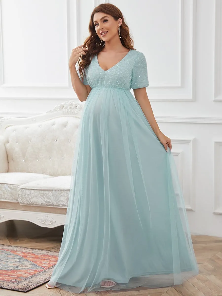 Short Sleeve Sequin Floor-Length Empire Waist Maternity Dress