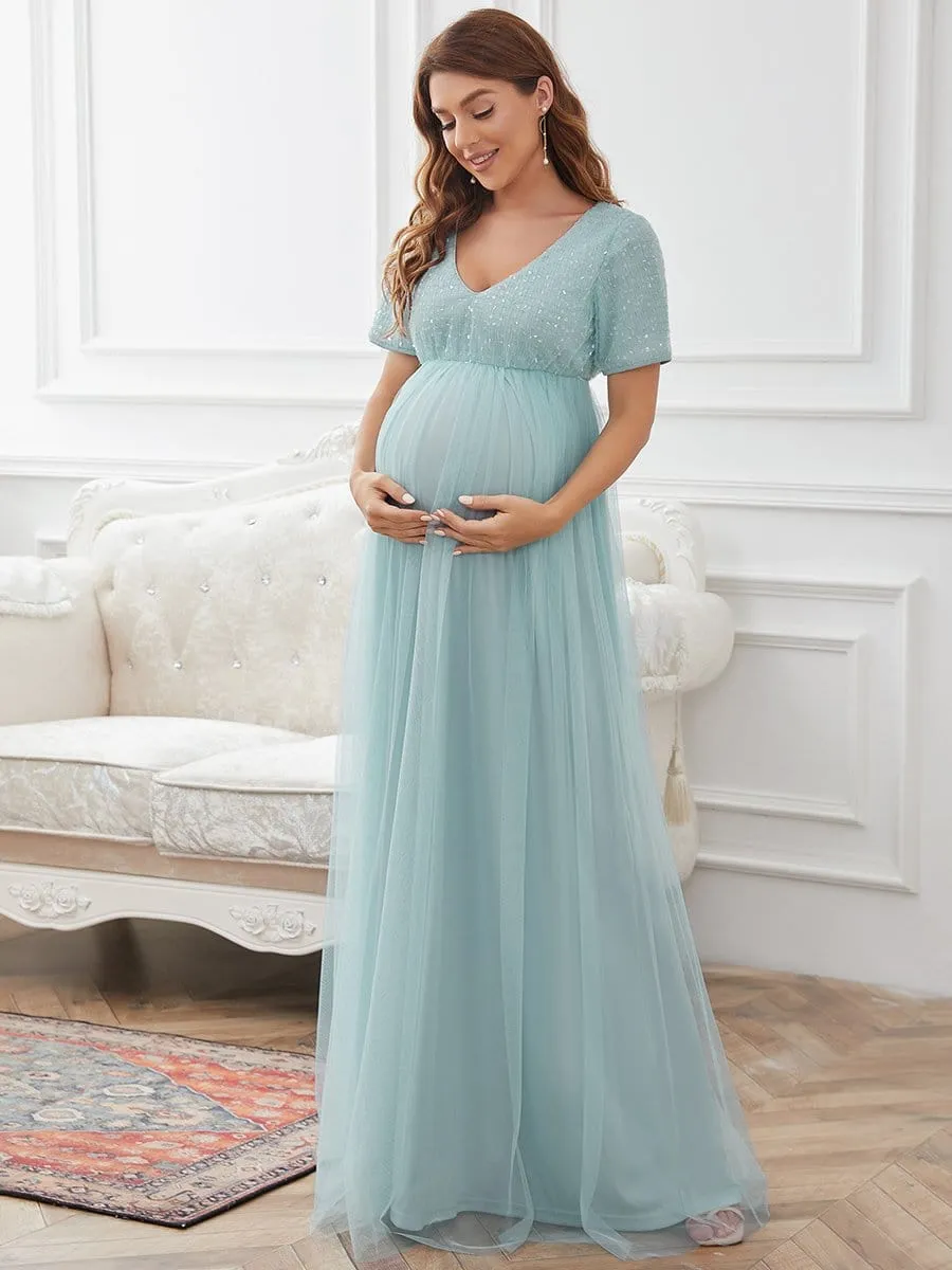 Short Sleeve Sequin Floor-Length Empire Waist Maternity Dress