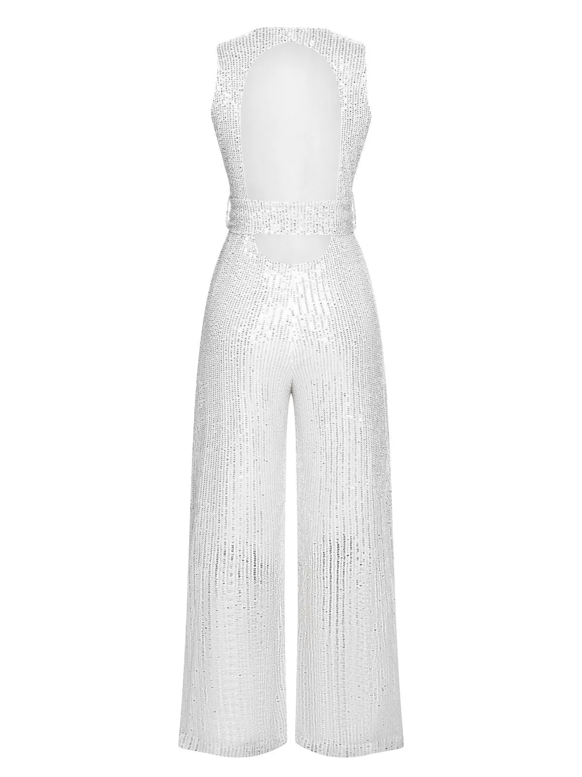 Silver 1930s Solid Sequined Backless Jumpsuit