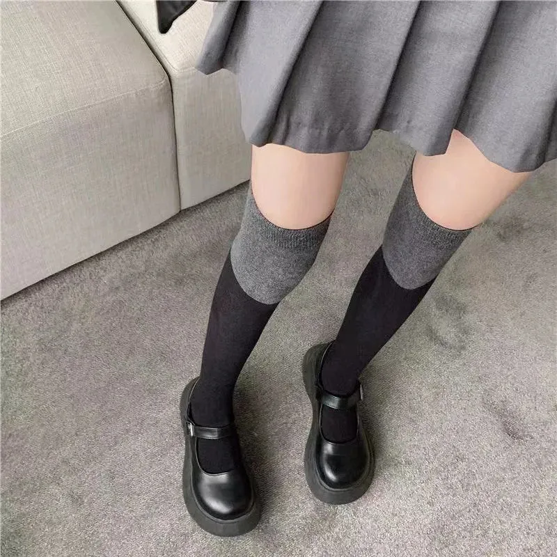 Sohiwoo Autumn And Winter Thick Socks Woman Knit Thigh High Leg Warmers Patchwork Black Grey Mid-calf Socks for Women