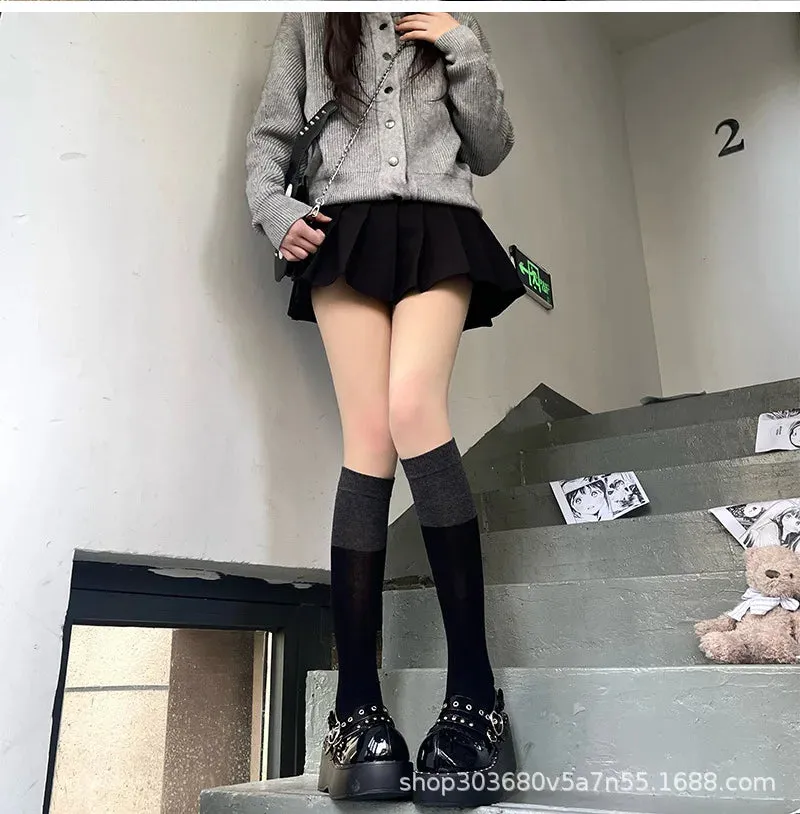 Sohiwoo Autumn And Winter Thick Socks Woman Knit Thigh High Leg Warmers Patchwork Black Grey Mid-calf Socks for Women