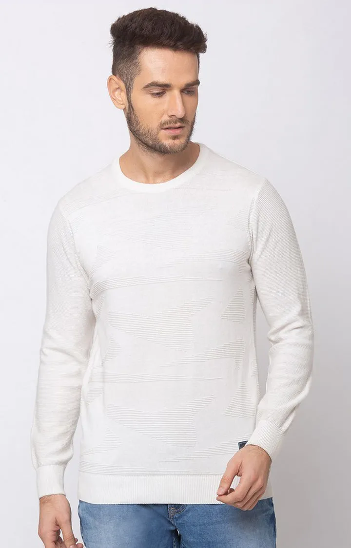 Spykar Men White Cotton Round Neck Full Sleeve Sweater