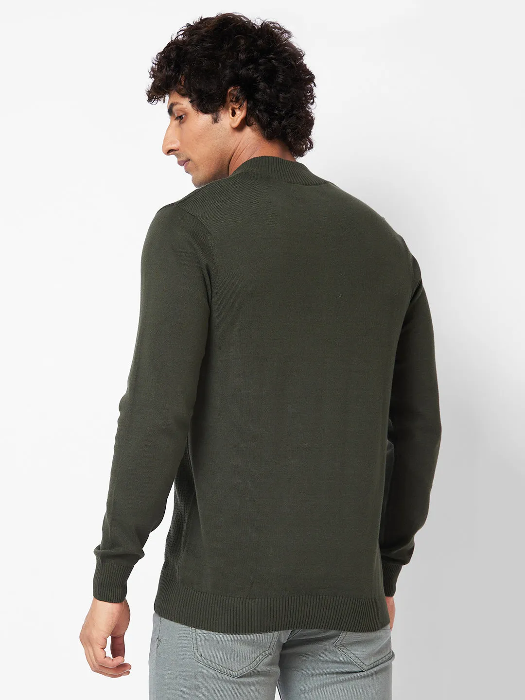 Spykar Polo Collar Full Sleeves Green Sweater For Men