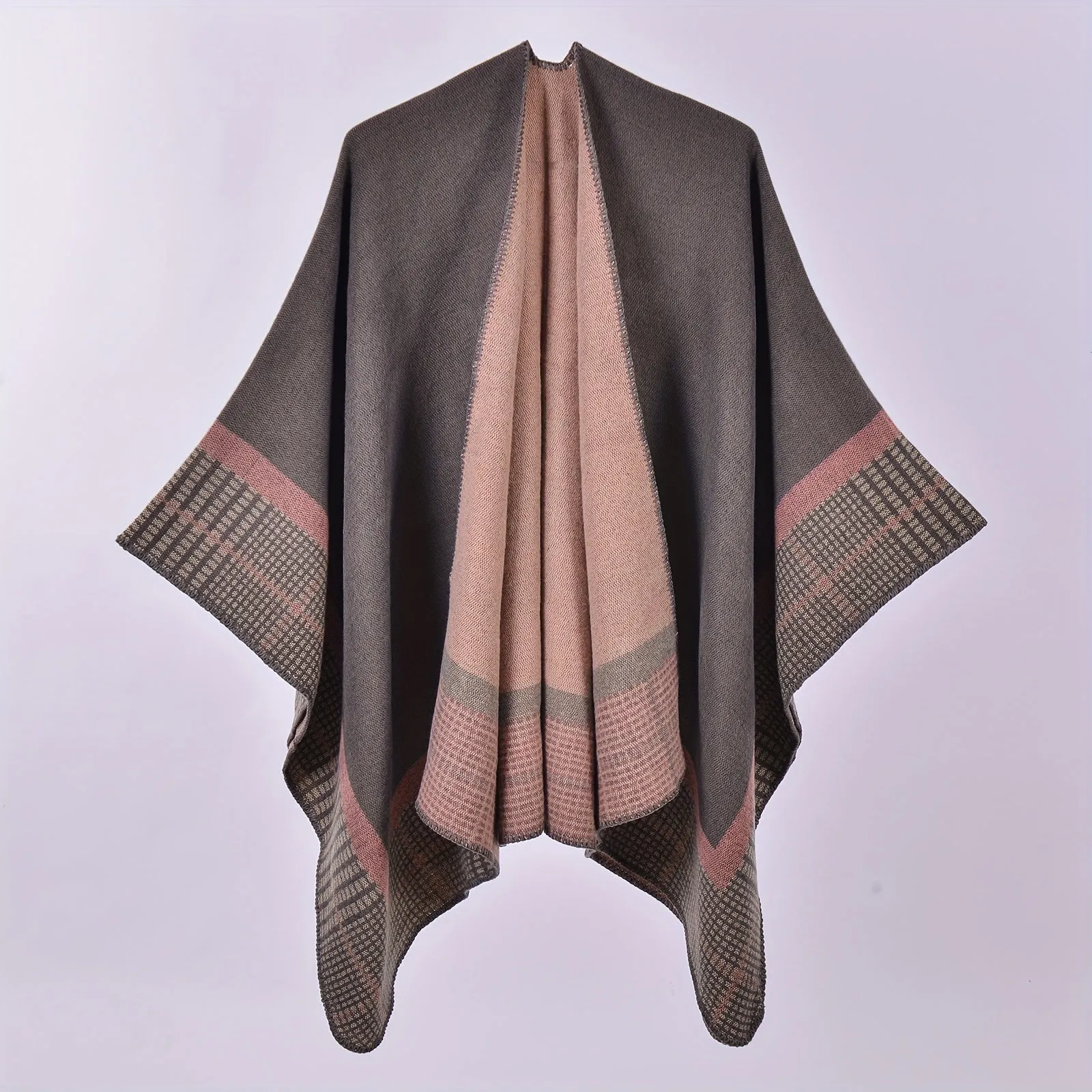 Stripe Jacquard Large Shawl Vintage Imitation Cashmere Warm Cape Scarf Blanket Wraps Reversible Windproof Cardigan