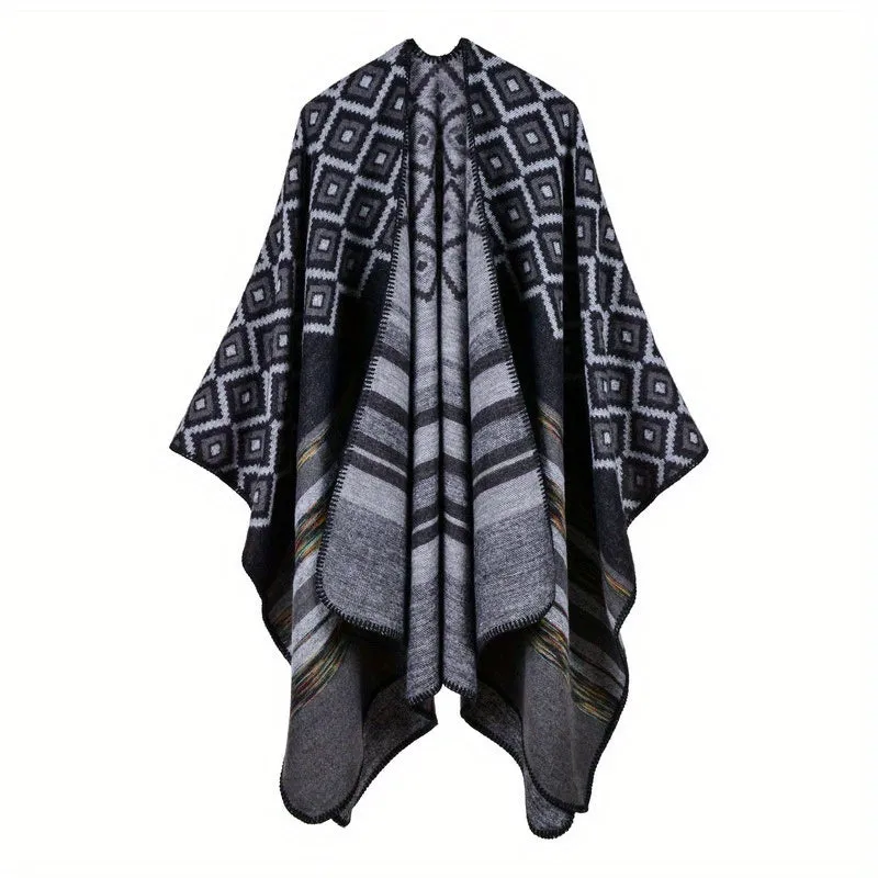 Stripe Jacquard Large Shawl Vintage Imitation Cashmere Warm Cape Scarf Blanket Wraps Reversible Windproof Cardigan