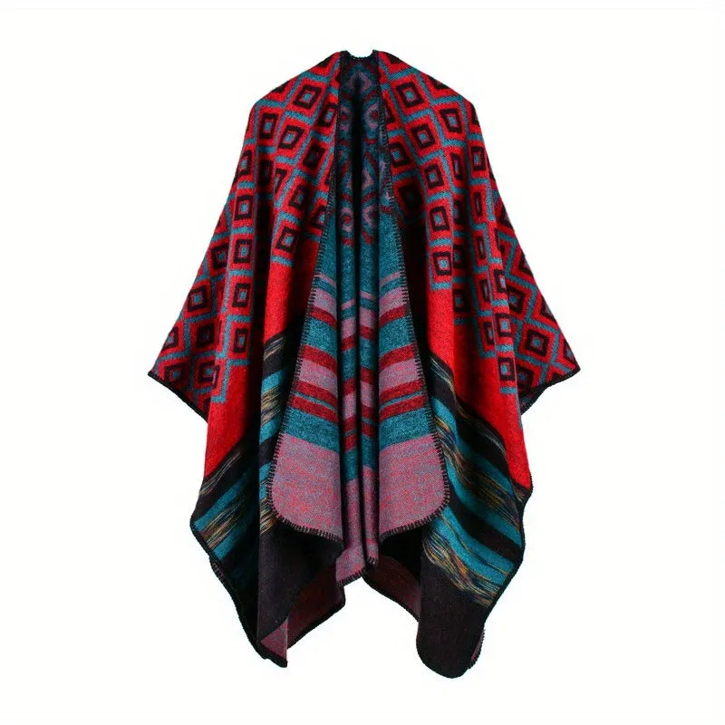 Stripe Jacquard Large Shawl Vintage Imitation Cashmere Warm Cape Scarf Blanket Wraps Reversible Windproof Cardigan