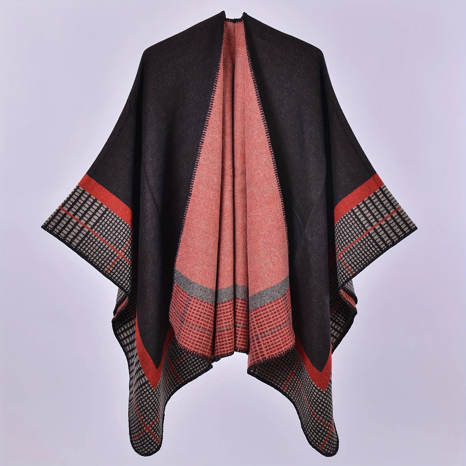 Stripe Jacquard Large Shawl Vintage Imitation Cashmere Warm Cape Scarf Blanket Wraps Reversible Windproof Cardigan