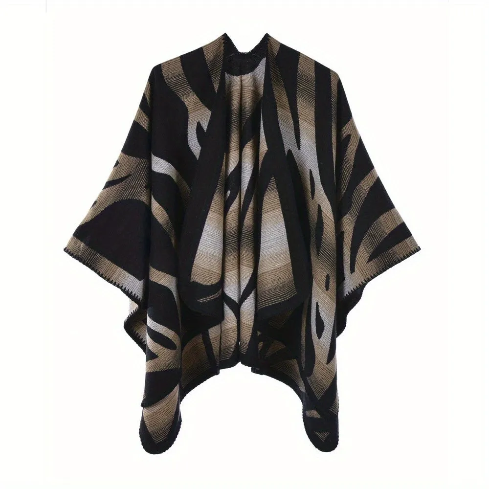 Stripe Jacquard Large Shawl Vintage Imitation Cashmere Warm Cape Scarf Blanket Wraps Reversible Windproof Cardigan