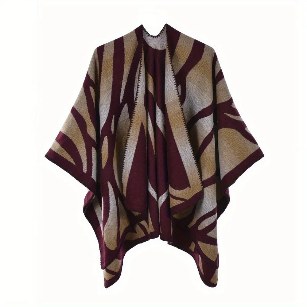 Stripe Jacquard Large Shawl Vintage Imitation Cashmere Warm Cape Scarf Blanket Wraps Reversible Windproof Cardigan