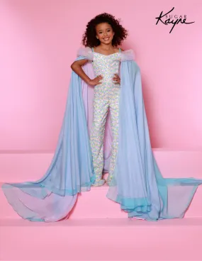 Sugar Kayne C341 Size 8 Aqua Girls Pageant Sequin Jumpsuit Ruffle Sleeve Matching Cape Fun Fashion Shimmer