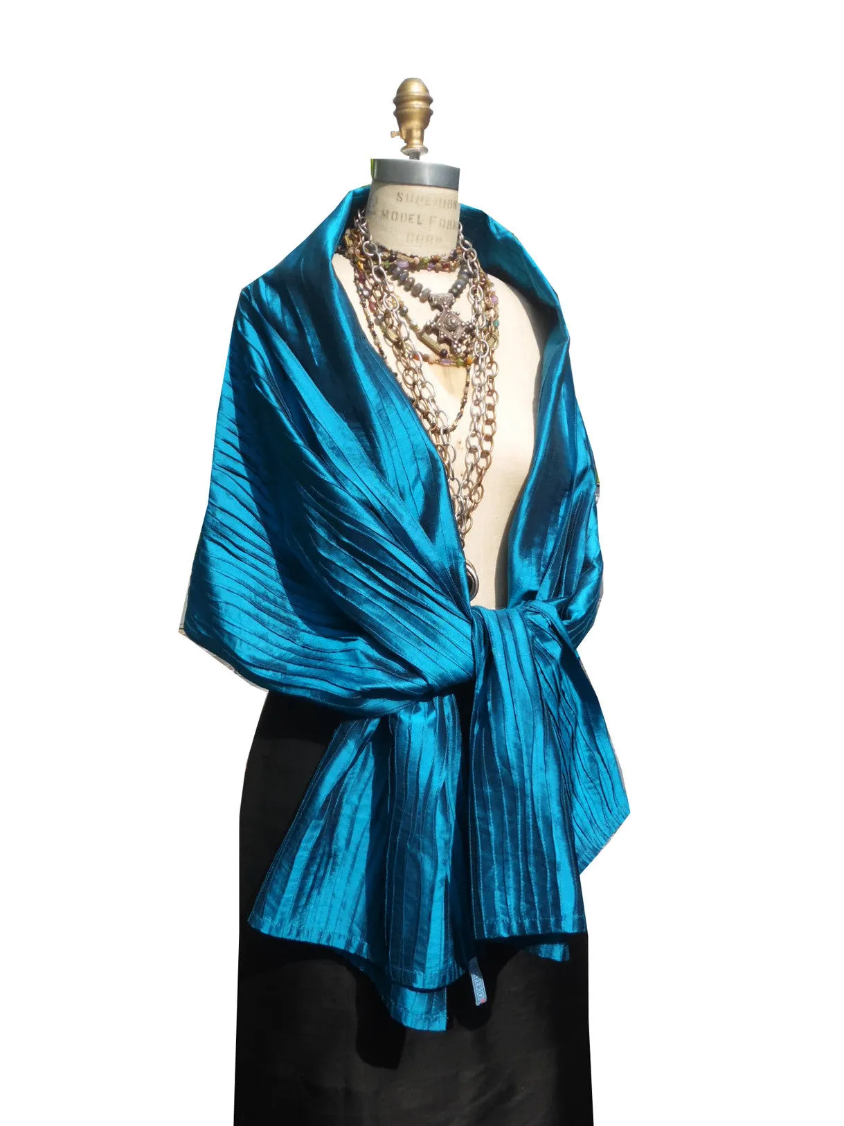 Thai Silk Pintuck Pleated Shawl Penny Blue