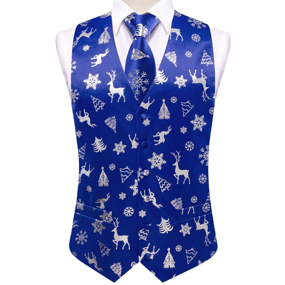 Ties2you Mens Silk Waistcoat Blue Silver Christmas Elements Vest Necktie Set