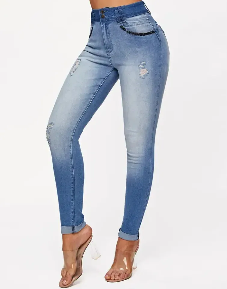 Trendy High Waist Ripped Denim Jeans