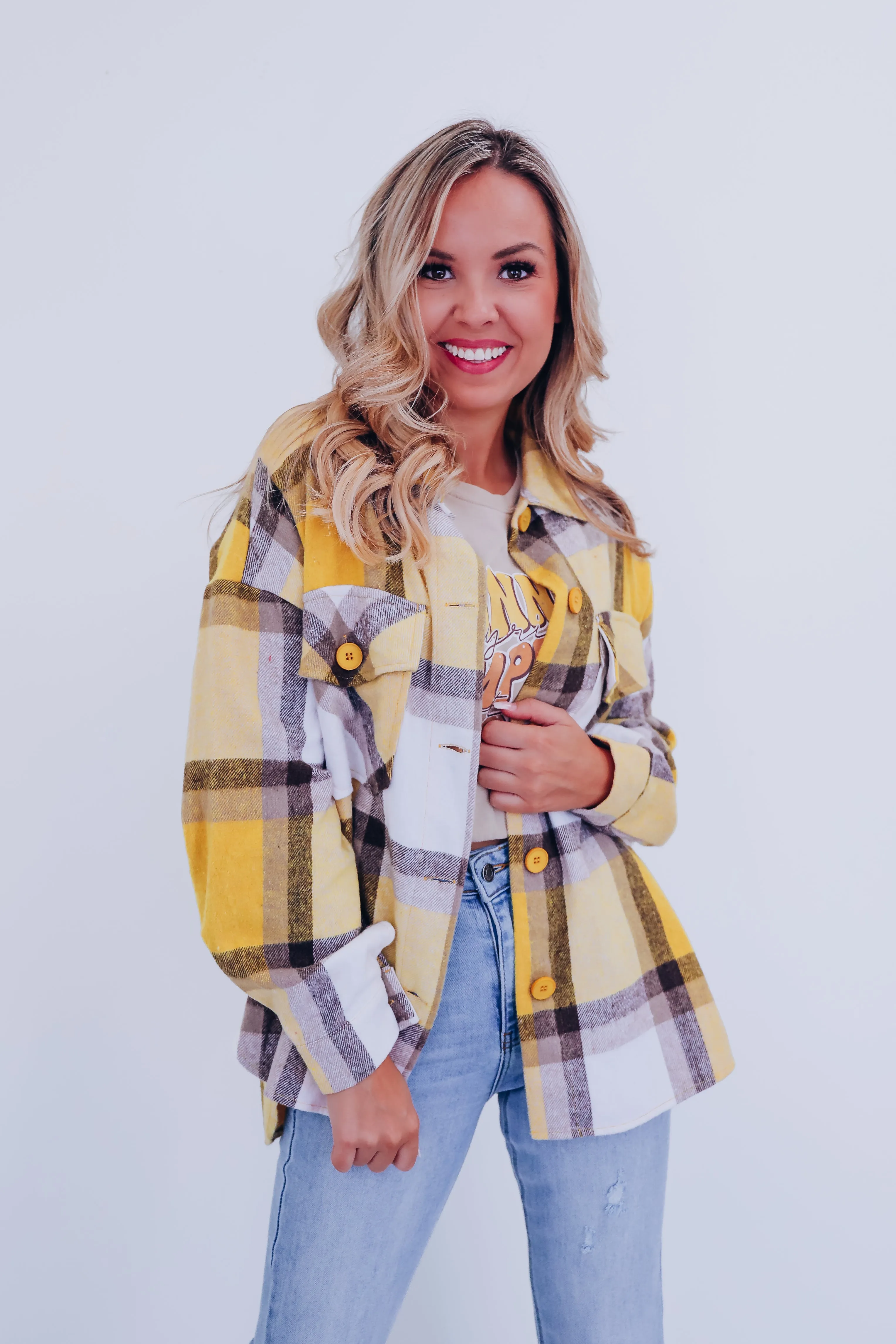 Trendy Time Plaid Shacket - Mustard