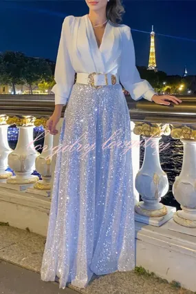 V Neck Long Sleeve Shirt Sequined Wide Leg Jumpsuit