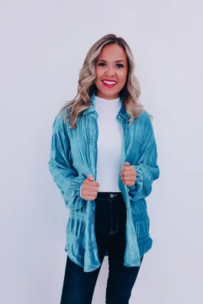 Velveteen Smocked Shacket - Turquoise