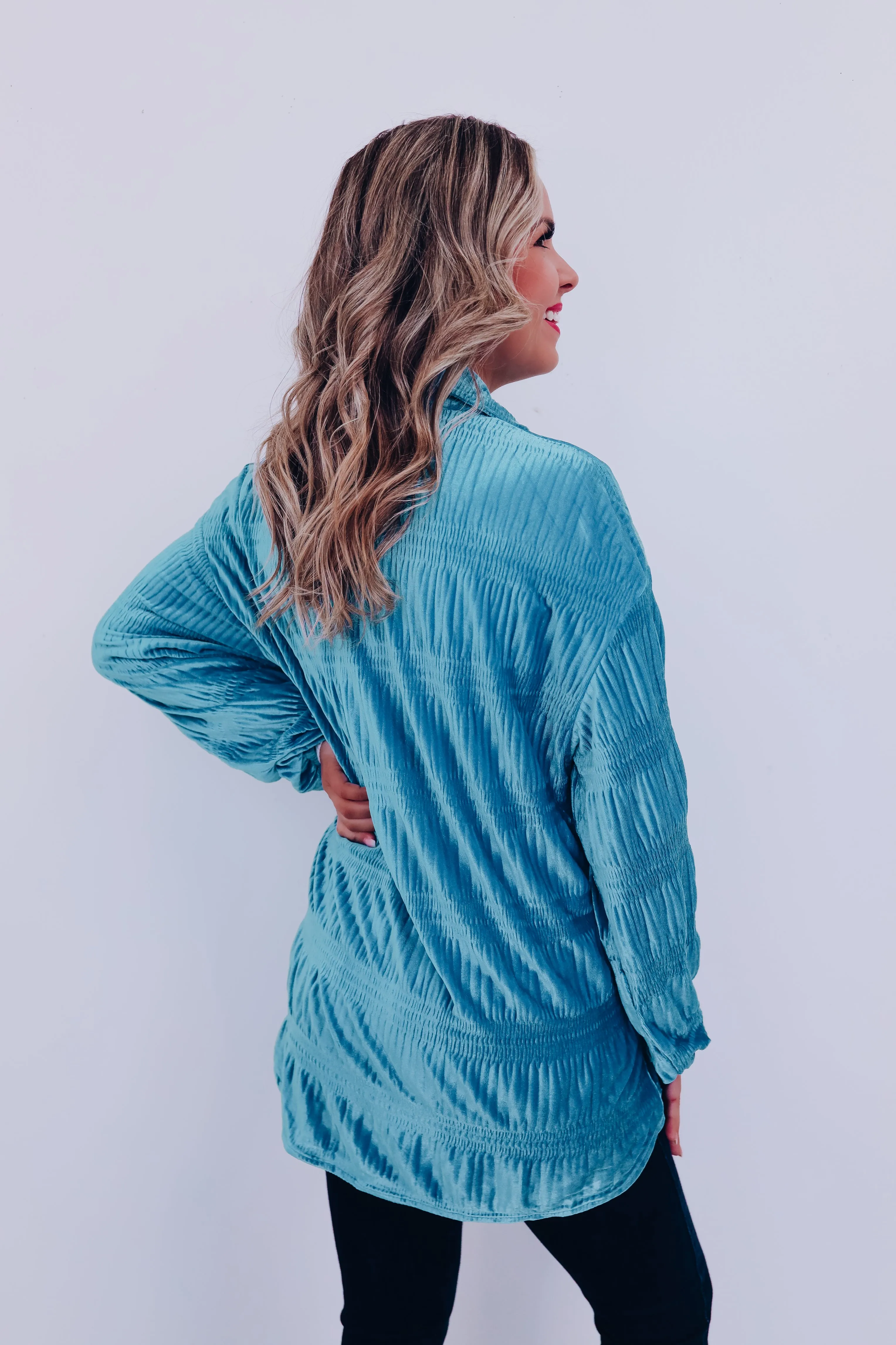 Velveteen Smocked Shacket - Turquoise