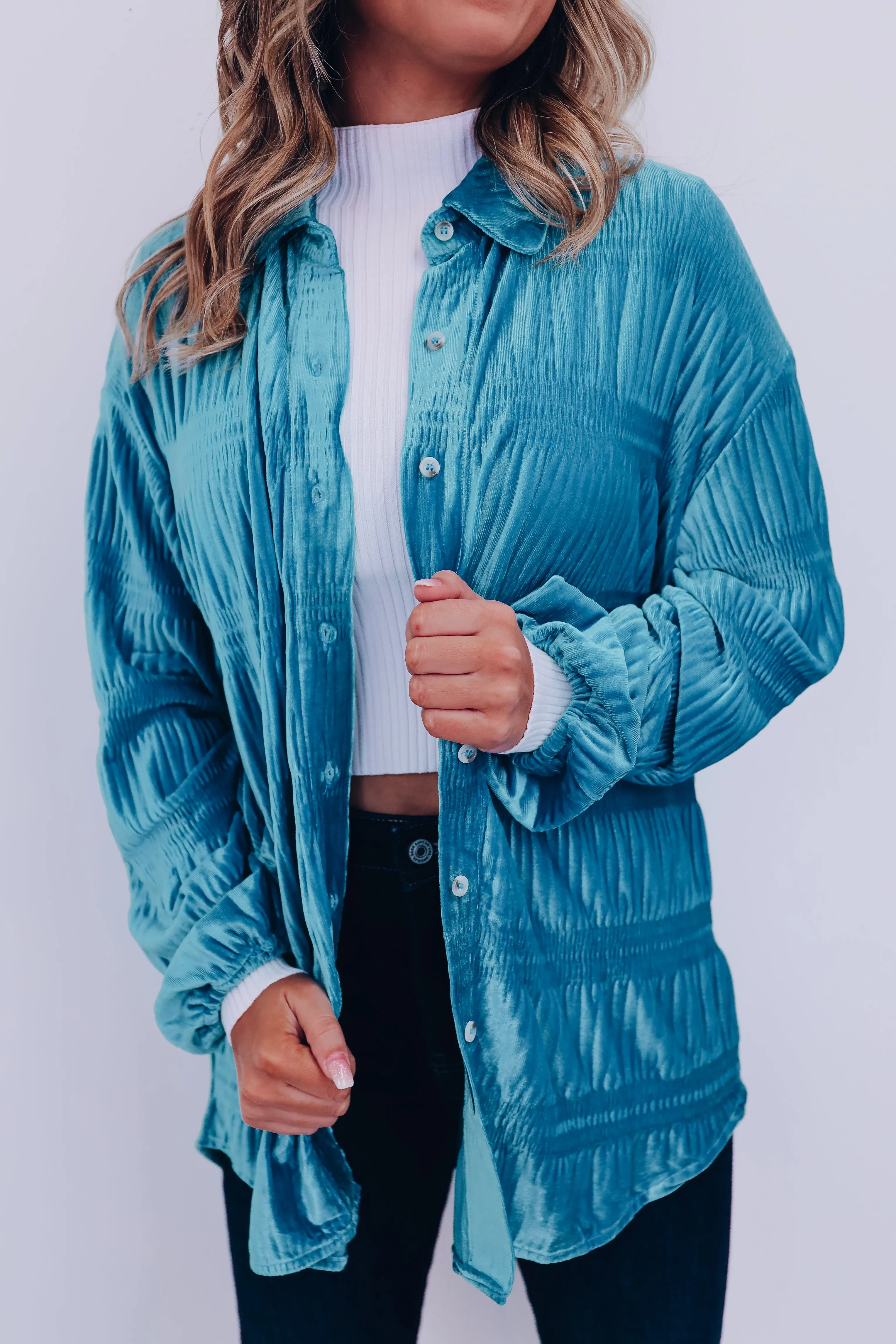 Velveteen Smocked Shacket - Turquoise