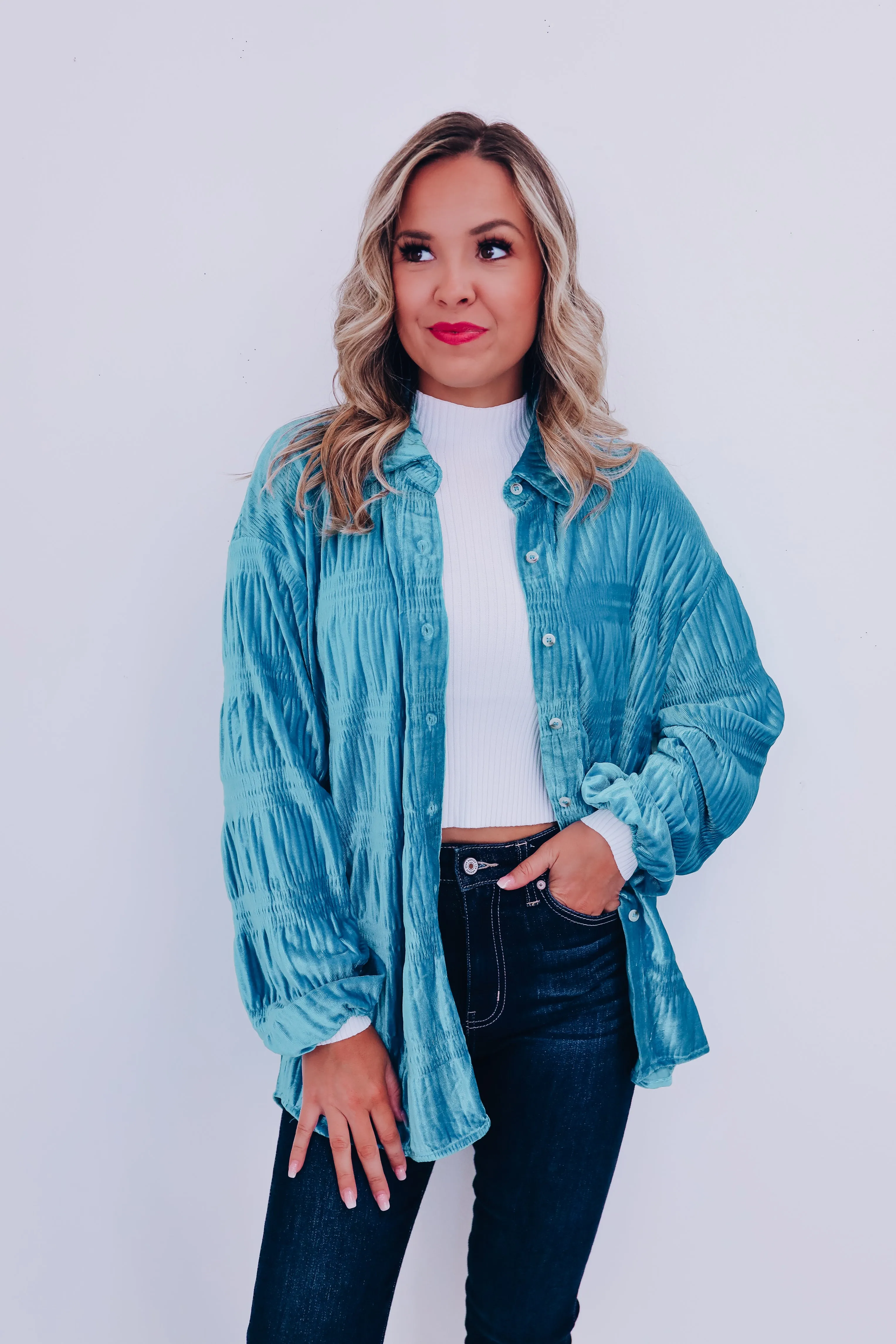 Velveteen Smocked Shacket - Turquoise