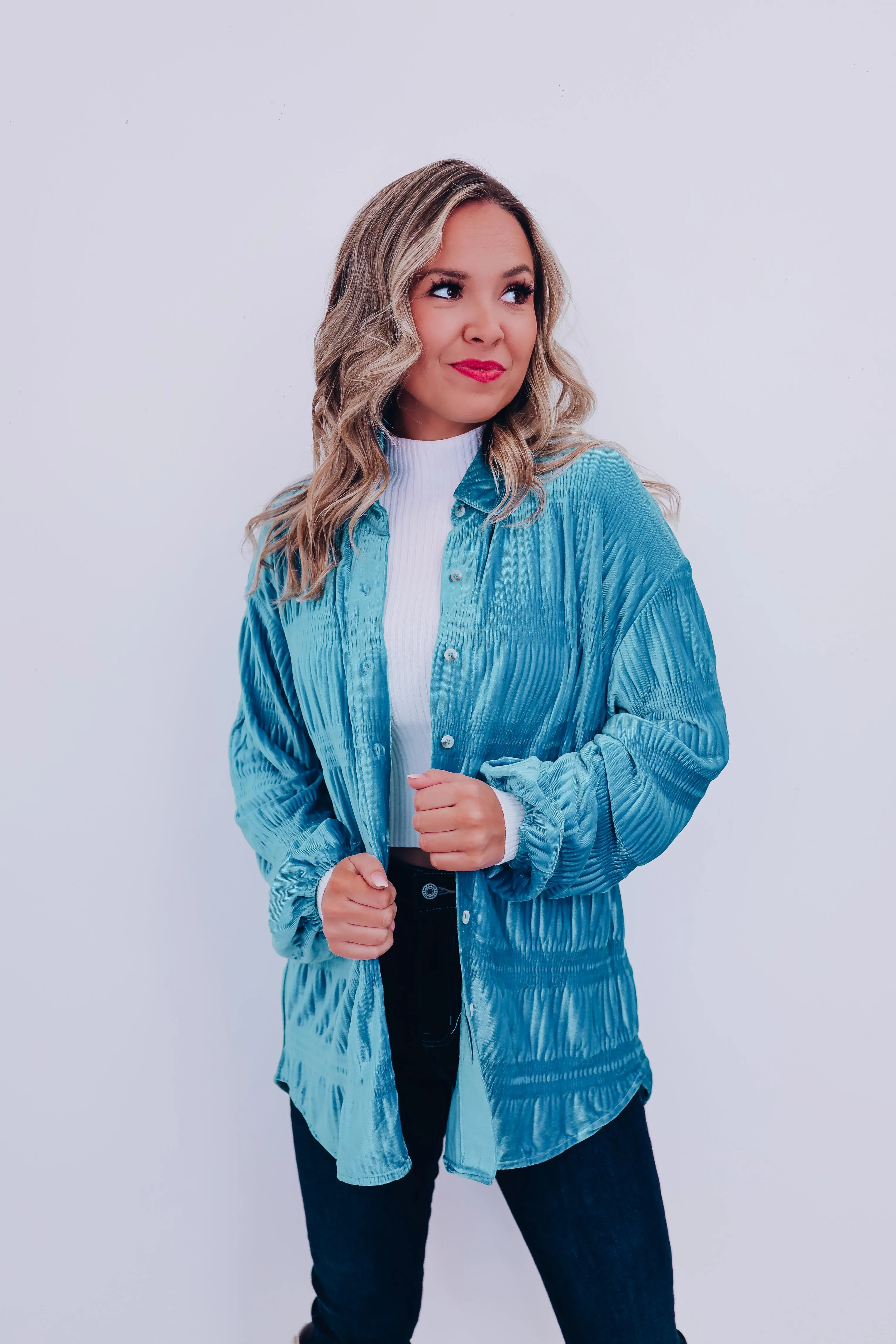 Velveteen Smocked Shacket - Turquoise