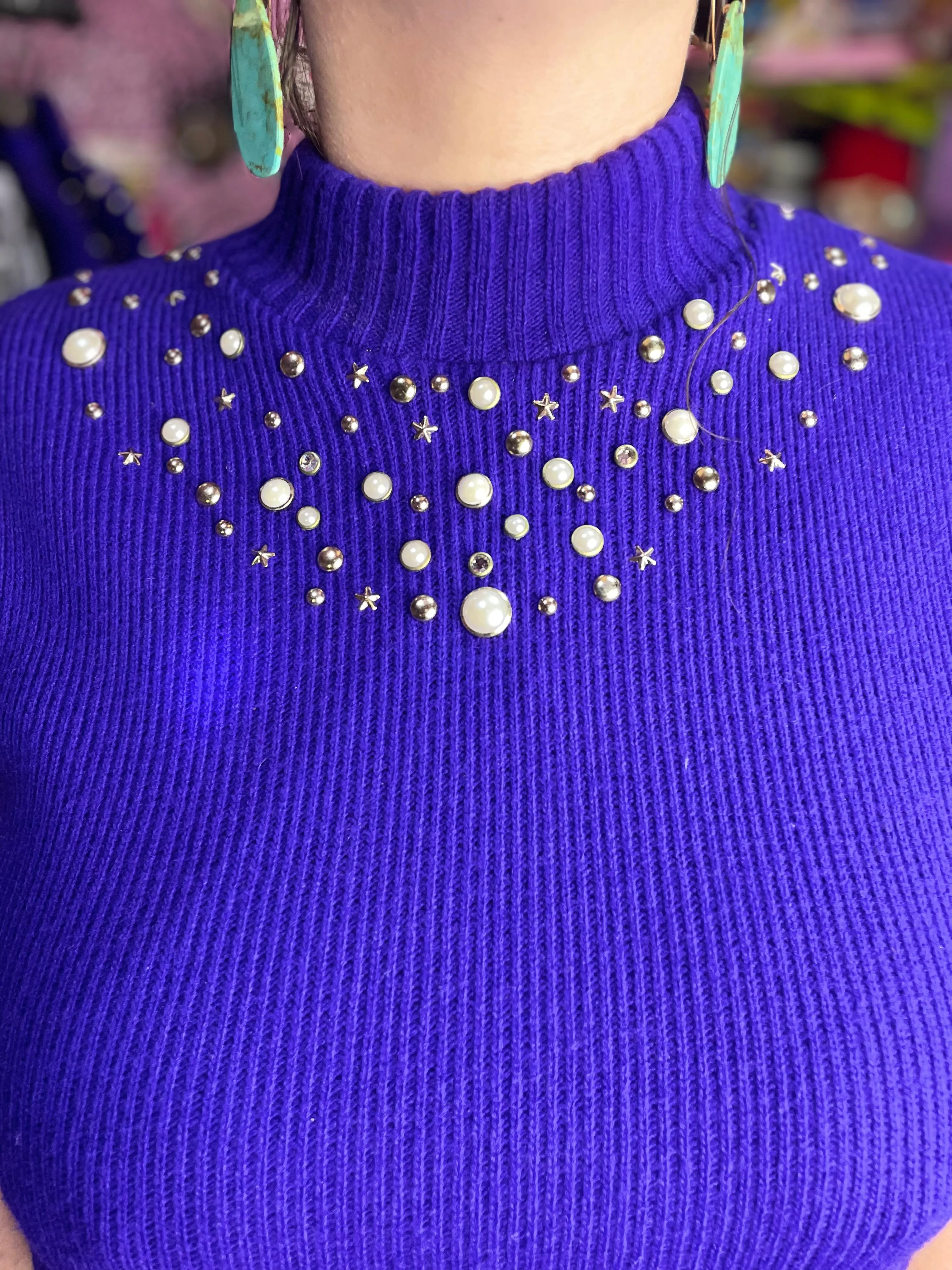 Vintage 80s Purple Pearl Studded Sweater Turtleneck Tunic Top