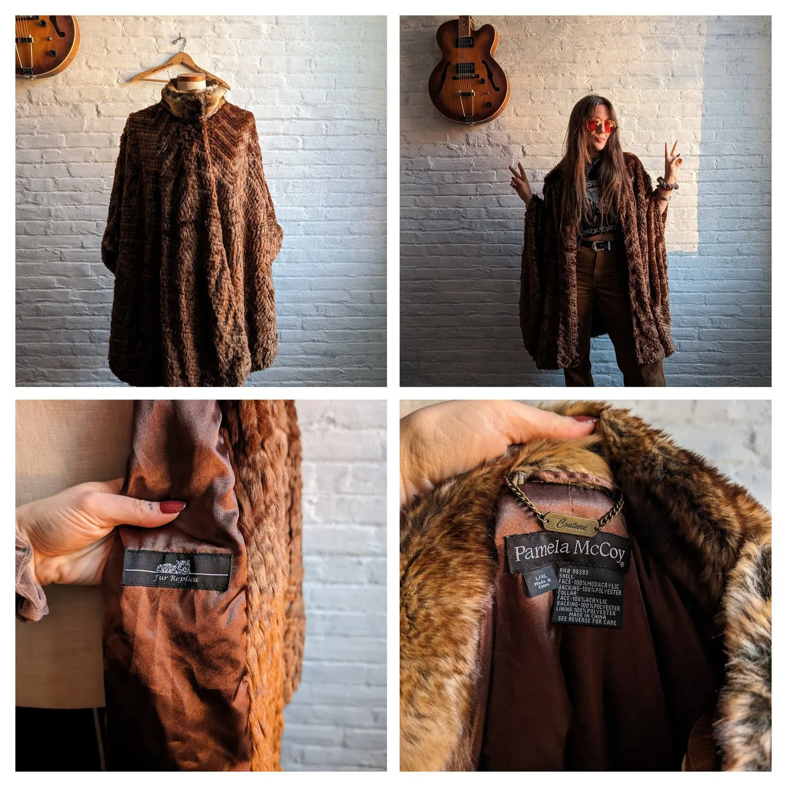 Vintage Faux Fur Brown Kimono Poncho Mob Wife Groovy Boho Furry Fuzzy Sweater