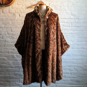 Vintage Faux Fur Brown Kimono Poncho Mob Wife Groovy Boho Furry Fuzzy Sweater