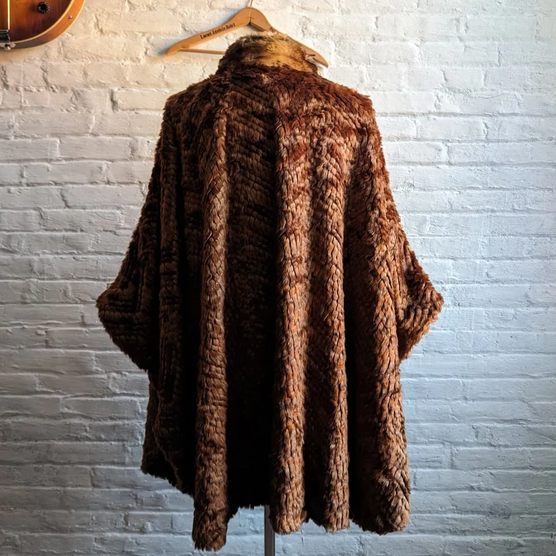 Vintage Faux Fur Brown Kimono Poncho Mob Wife Groovy Boho Furry Fuzzy Sweater